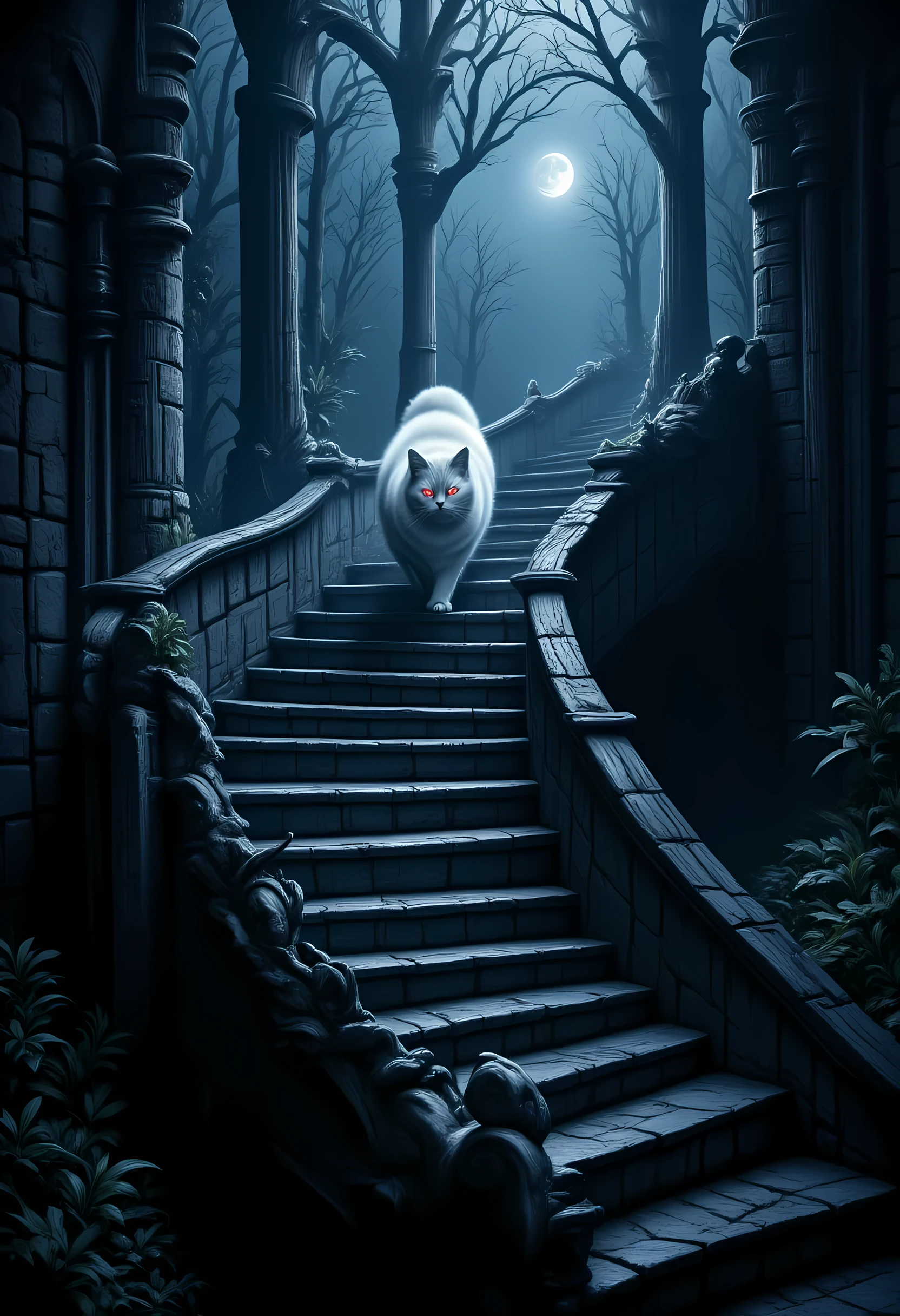 score_9, score_8_up, score_7, there is a fat white cat walking on spiraling black stairs, of a  medieval tower,  the cat has red glowing eyes, it is night time, there is a crescent moon and stars highres, best quality, high details, 16K, ultra detailed, masterpiece, best quality, (extremely detailed), hyp3rd3tail style, ral-ertmsphr