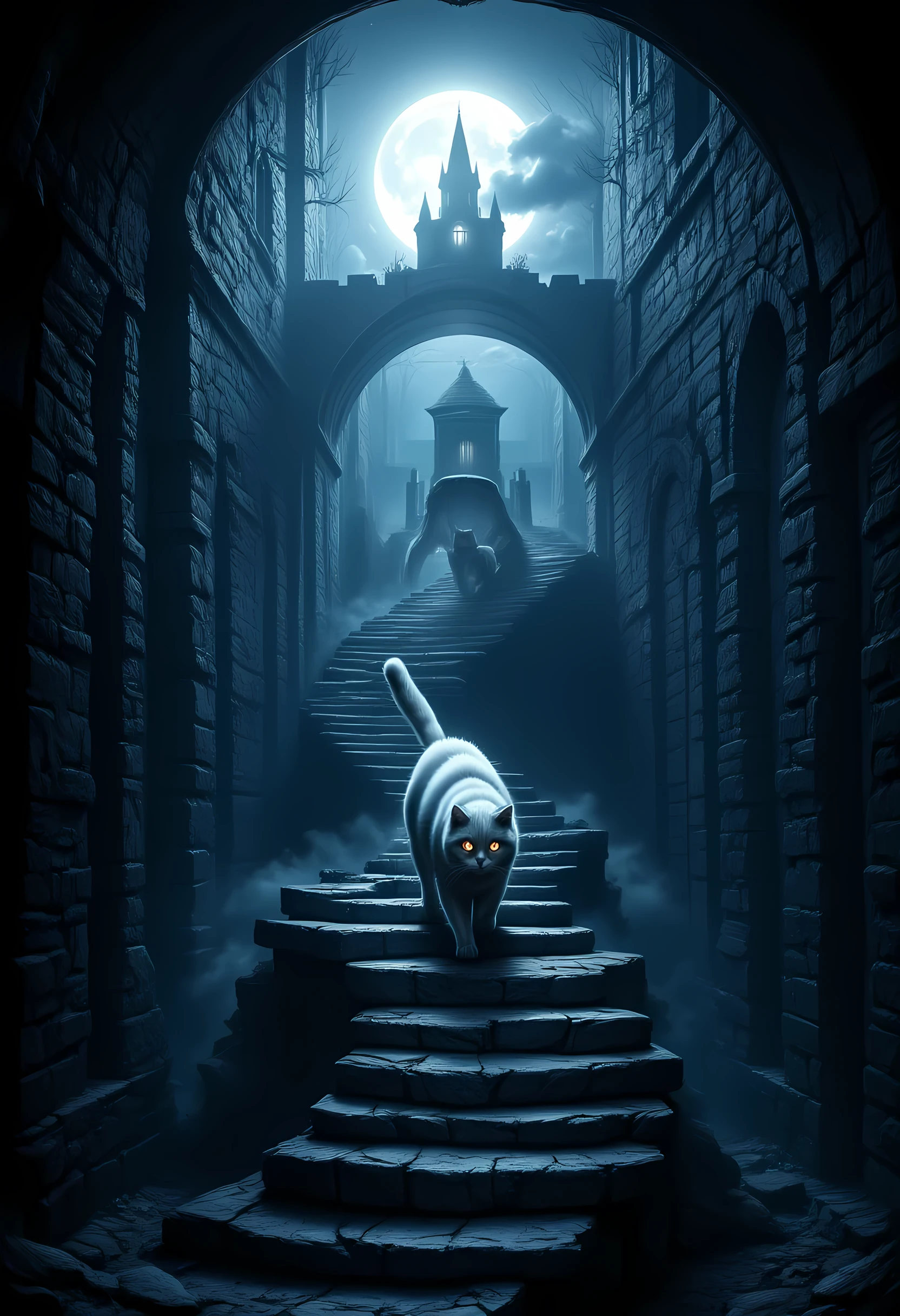 score_9, score_8_up, score_7, there is a fat white cat walking on spiraling black stairs, of a  medieval tower,  the cat has red glowing eyes, it is night time, there is a crescent moon and stars highres, best quality, high details, 16K, ultra detailed, masterpiece, best quality, (extremely detailed), hyp3rd3tail style, ral-ertmsphr