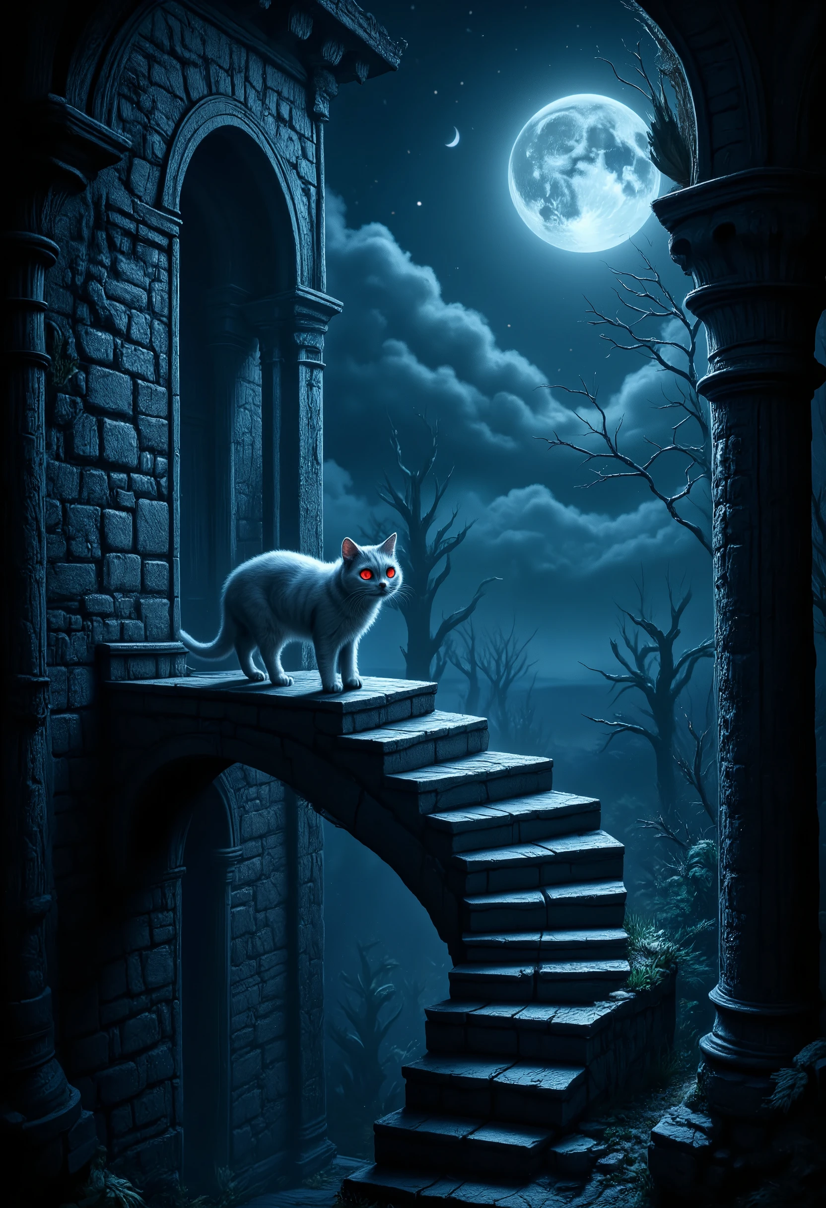 score_9, score_8_up, score_7, there is a fat white cat walking on spiraling black stairs, of a  medieval tower,  the cat has red glowing eyes, it is night time, there is a crescent moon and stars highres, best quality, high details, 16K, ultra detailed, masterpiece, best quality, (extremely detailed), hyp3rd3tail style, ral-ertmsphr