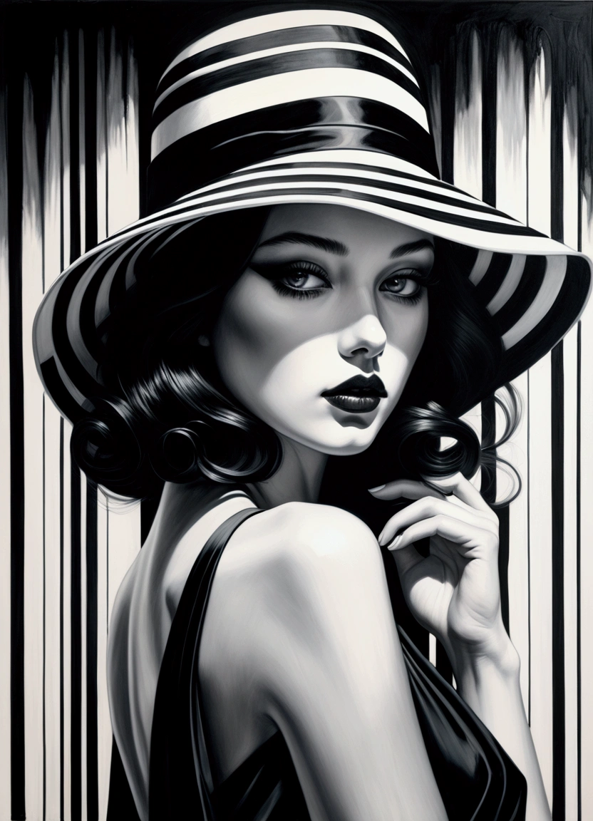 chiaroscuro technique on sensual illustration of an elegant  glamour a girl with elegant hat black and white barcode generates the subtitles, vintage beauty, eerie, the model draped in flowing, thick oil painting, by Hannah Dale, by Harumi Hironaka, extremely soft colors, vibrant, highly detailed, malcolm liepke painting, oil on canvas,  high contrast, dramatic, refined, tonal, Create high contrast between light and shadow