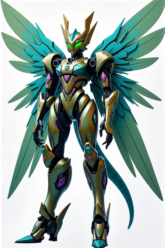 Design a Transformer with a sleek, elongated body inspired by a drone. She should be smaller than most Cybertronians and feature bright greens, blues, and purples with a shimmering metallic finish. Incorporate intricate details into her large wings, resembling those of a hummingbird. Give her large, multi-faceted eyes and a smooth, aerodynamic helm that includes integrated sensors. Additionally, ensure her tail design mimics hummingbird feathers and includes extra small gadgets.