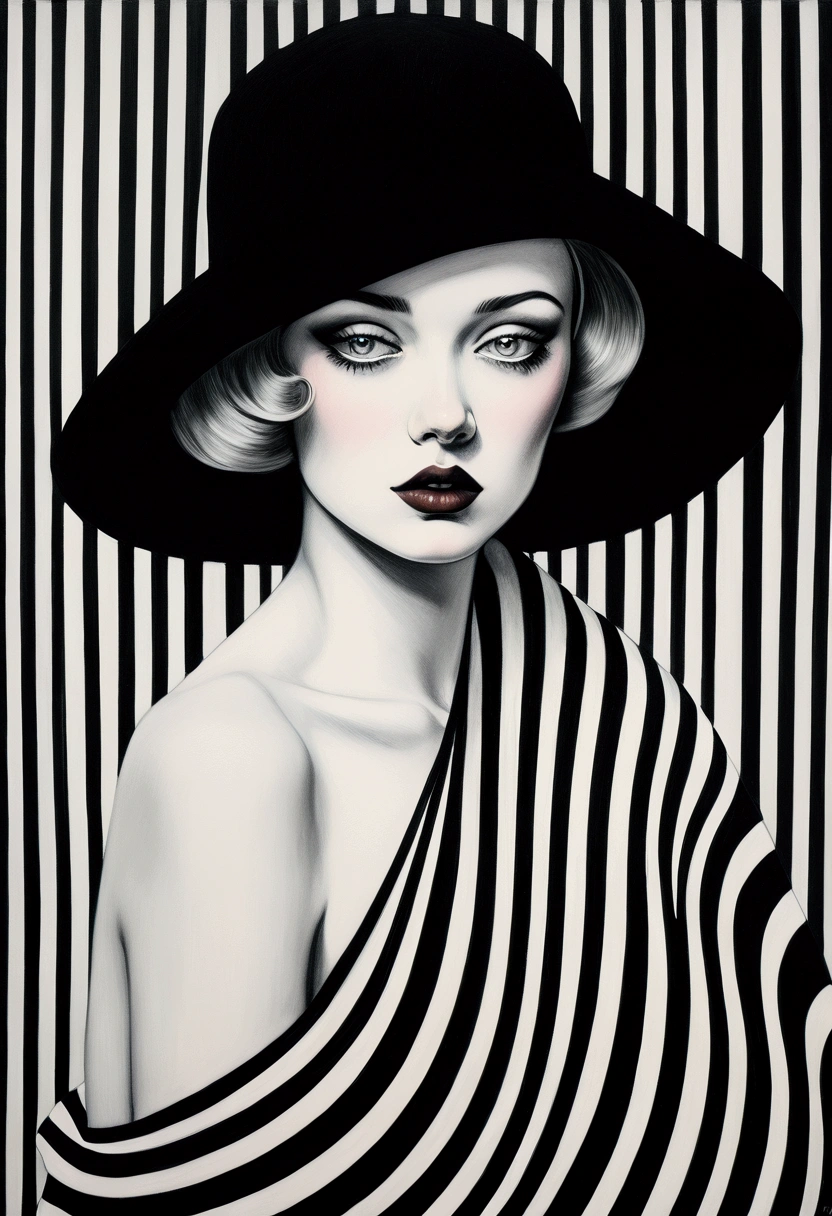 chiaroscuro technique on sensual illustration of an elegant  glamour a girl with elegant hat black and white barcode generates the subtitles, vintage beauty, eerie, the model draped in flowing, thick oil painting, by Hannah Dale, by Harumi Hironaka, extremely soft colors, vibrant, highly detailed, malcolm liepke painting, oil on canvas,  high contrast, dramatic, refined, tonal, Create high contrast between light and shadow