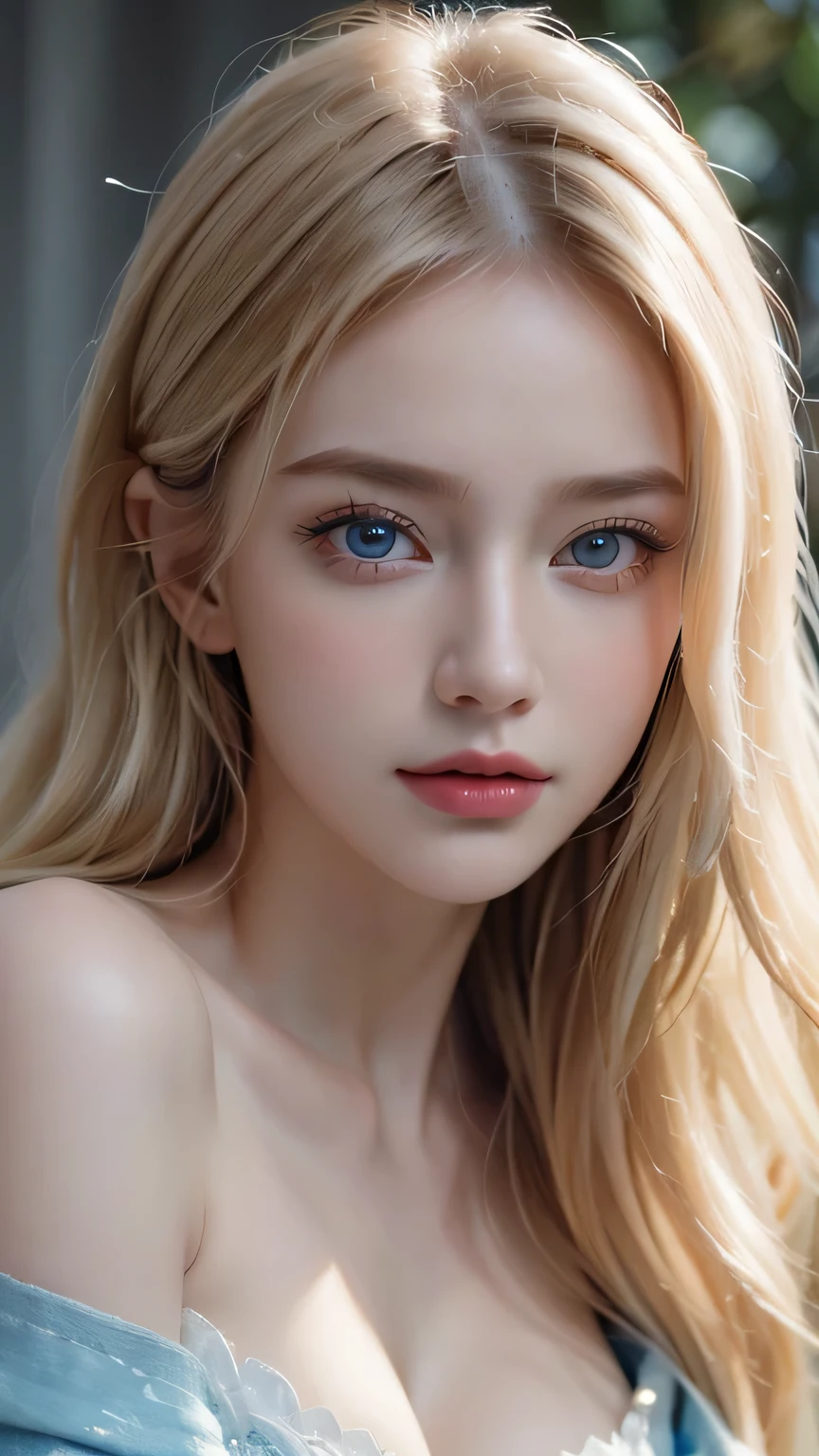 a 20-year-old woman, long blonde hair, blue eyes, dark theme, soft tones, soft colors, high contrast, (natural skin texture, hyperrealism, soft, sharp light), blue background, simple background,