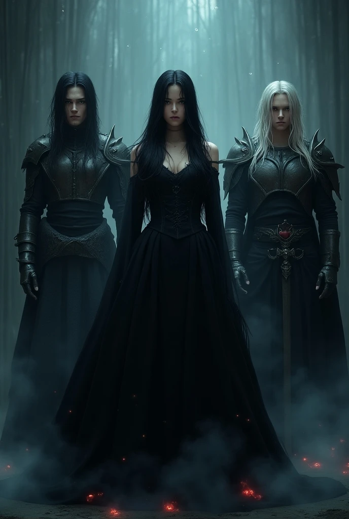 Sarada Uchiha queen of Hell 25 years old long black hair medieval black dress black wings with 2 young men 23 years old dressed as demonic knights with muscles one with long black hair and one short white hair 1 king of 28 years of long white hair blue eyes aura color black muscular attractiveness, in the underworld