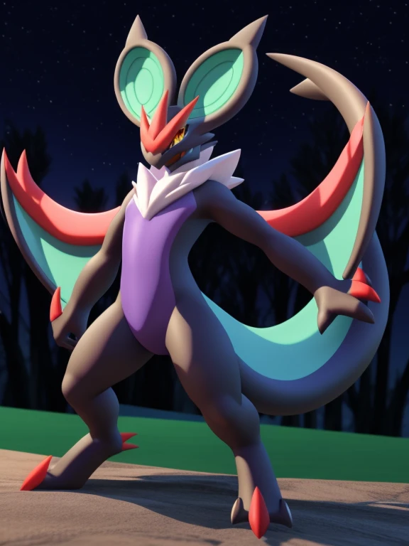 Noivern, solo, dynamic pose, night, uploaded on e621, 3d:0.4 , (anthro, furry)