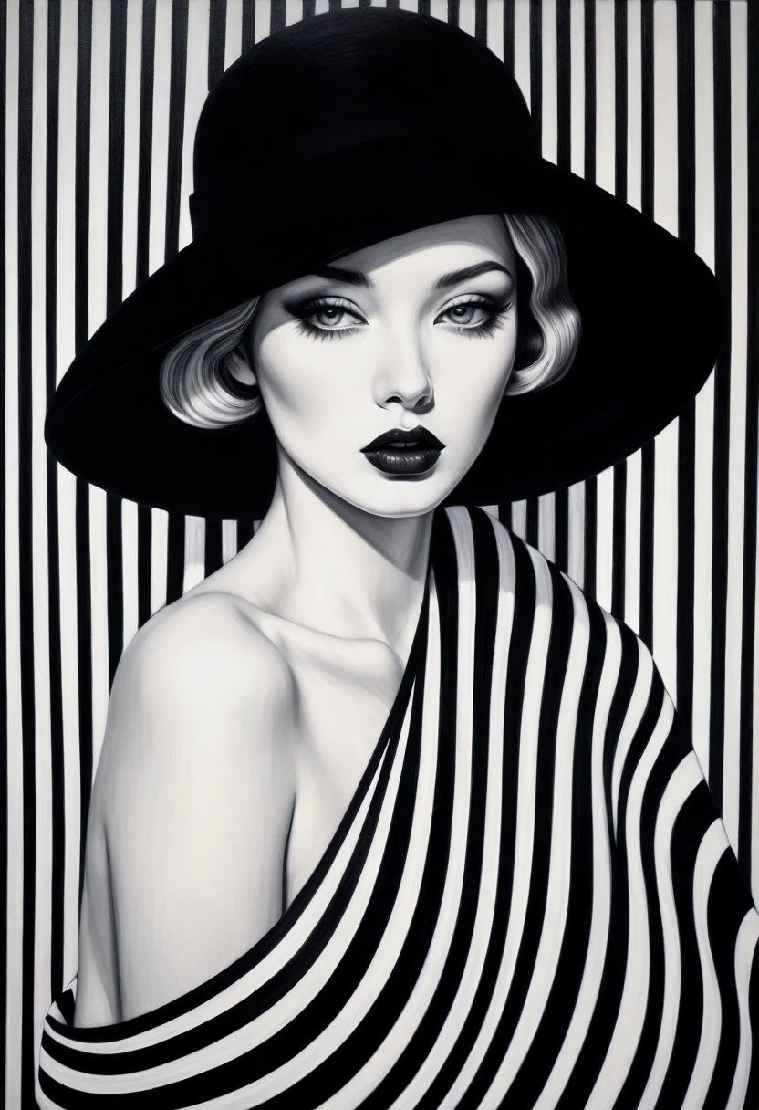 chiaroscuro technique on sensual illustration of an elegant glamour a girl with elegant hat black and white barcode generates the subtitles, vintage beauty, eerie, the model draped in flowing, thick oil painting, by Hannah Dale, by Harumi Hironaka, extremely soft colors, vibrant, highly detailed, malcolm liepke painting, oil on canvas, high contrast, dramatic, refined, tonal, Create high contrast between light and shadow