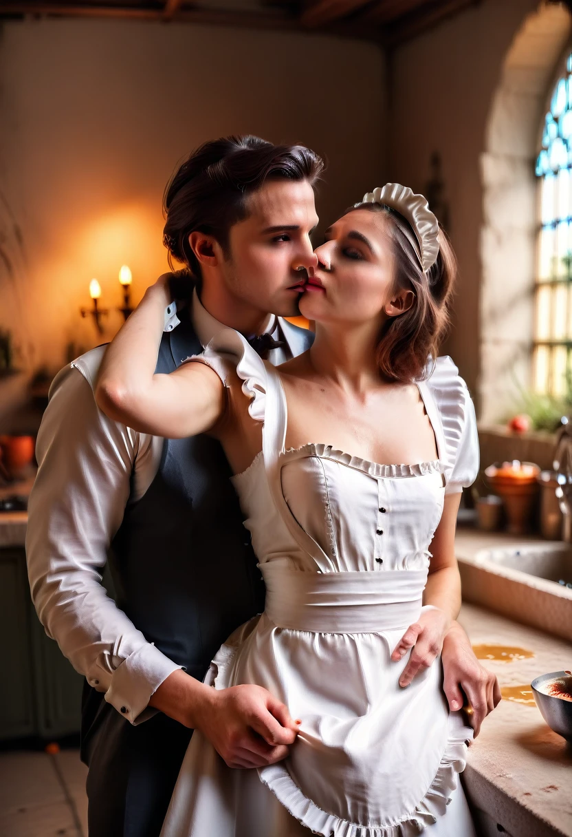 A detailed, sensual scene in an ancient castle kitchen, a gentleman and his maid in a passionate embrace, (best quality, 4k, 8k, highres, masterpiece:1.2), ultra-detailed, (realistic, photorealistic, photo-realistic:1.37), extremely detailed face and body, intricate architectural details, warm lighting, cinematic composition, chiaroscuro, oil painting, 1man, 1woman, maid uniform, kitchen interior, medieval castle, candles, detailed facial features, intimate, erotic, passionate, sensual