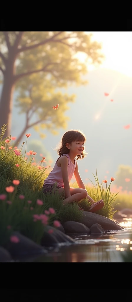 a happy girl sit on a bench in a garden enjoying summer with many butterflies