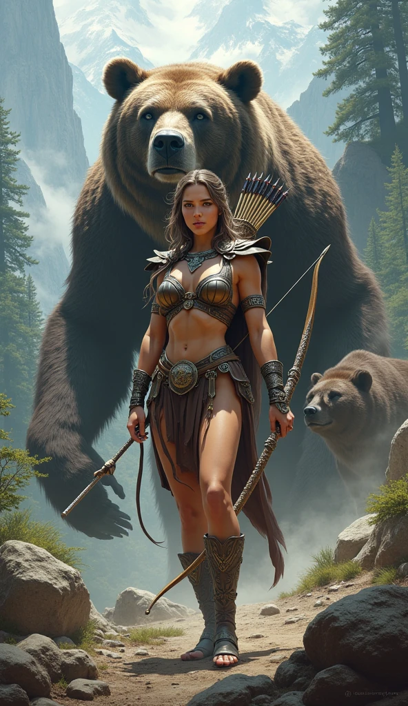 a cute woman in a sexy fur bikini, long hair tied up in a ponytail, wielding a battle axe, riding on the back of a large, ferocious brown bear, fighting goblins on a fantasy battlefield, detailed portrait, masterpiece, hyper realistic, unreal engine, 8k, cinematic lighting, dramatic composition, vibrant colors, fantasy art