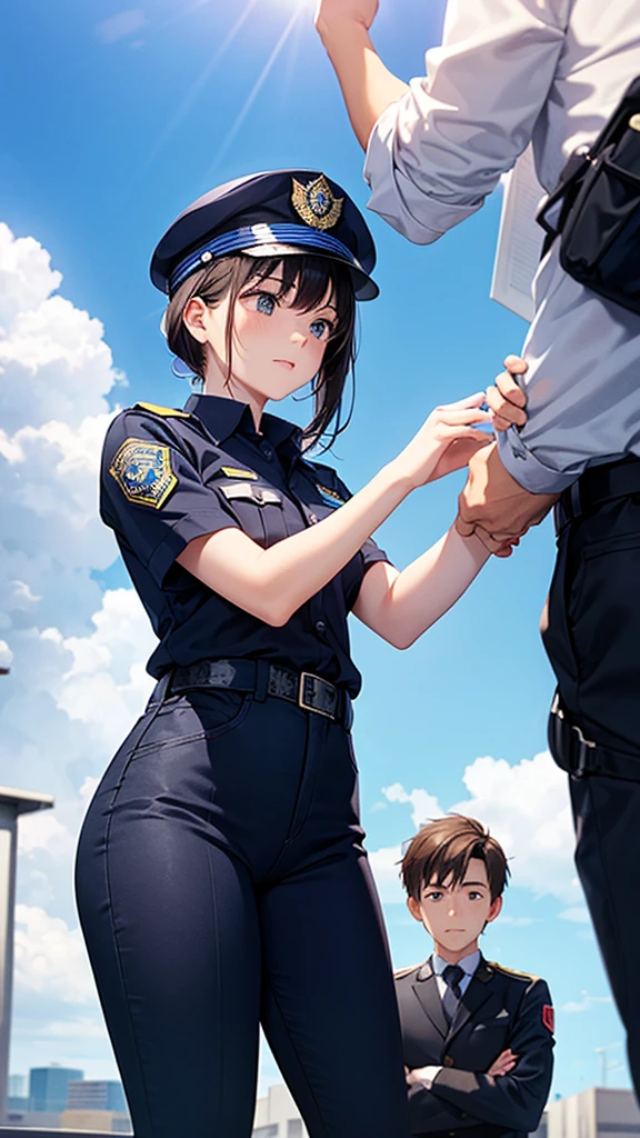 1boy, nude male, testicles, fellatio, best quality, ultra-detailed, high resolution, 4k, (beautiful detailed eyes:1.2), anime screencap, black hair, bobcut, blue eyes, 1990s \(style\), 1990s anime cels style, (alley), city, 1girl, from side, profile, police woman, uniform, police cap, large breasts, (half closed eyes:1.4), (vulgarity:1.4), (nose blush),  looking at another, (looking up), open mouth, sweat