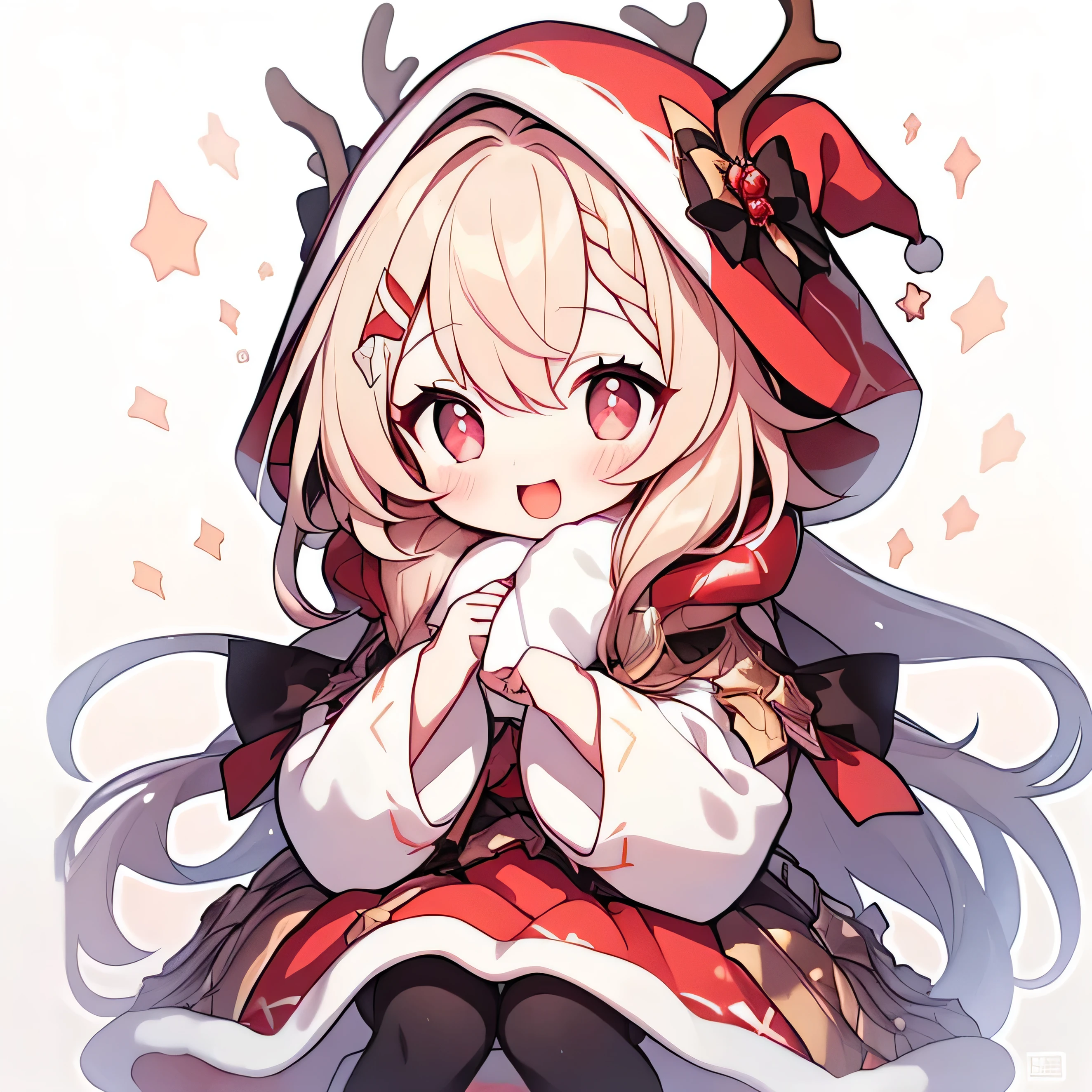 1Girl, reindeer antler , Light brown hair, langes Haar, Open mouth, smile,Arch, Alone, white background , a red Santa costume ,The wall , brown eyes, view the viewer, :d, full body lesbian, simple background , holding, arm raised , stern hair ornaments, Hairstyles, long sleeves, puffed sleeves, Watercolor Shoes, Shoes, black shoes, white socks, jumps , Tier, Blush, Diamonds , stern (symbol), very long hair, red Santa Claus hood