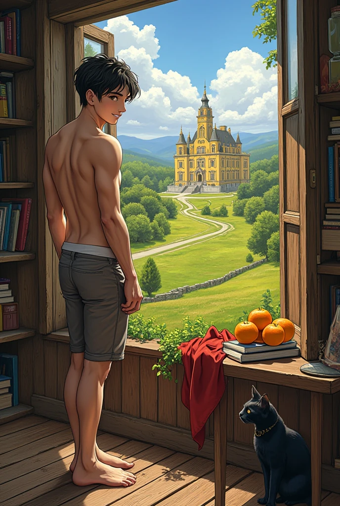 manga+anime_style,  Express a smile of power and serenity in the Baroque style+oil_painting+Roberto_Ferri,  generating the image of a young man , beautiful, latino,  symmetrical body provided toned athletic with intrinsic details, He is standing in a shack in the countryside looking at the camera , barefoot, next to the window to see in the distance a large opaque yellow mansion next to a table with books and oranges and a black cat

