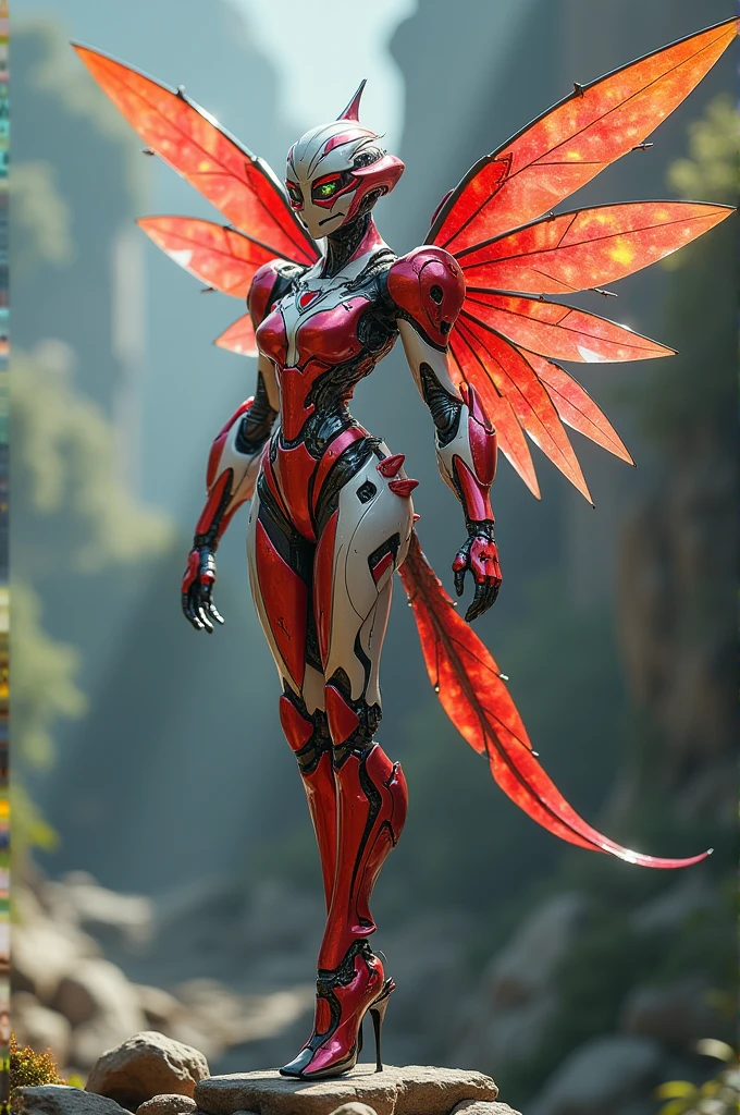 A high-resolution, symmetrical composition photo featuring a giant butterfly with wings made of fire phoenix feathers. The butterfly has a long, feathered tail that extends gracefully. Its body is adorned with a fiery red ruby at the center, exuding a regal aura. The wings and tail incorporate a gold motif, with intricate, gothic patterns woven throughout. The background is rich and textured, complementing the royal style and enhancing the luxurious, ornate details of the butterfly. The overall scene is grand and majestic, evoking a sense of elegance and power.
