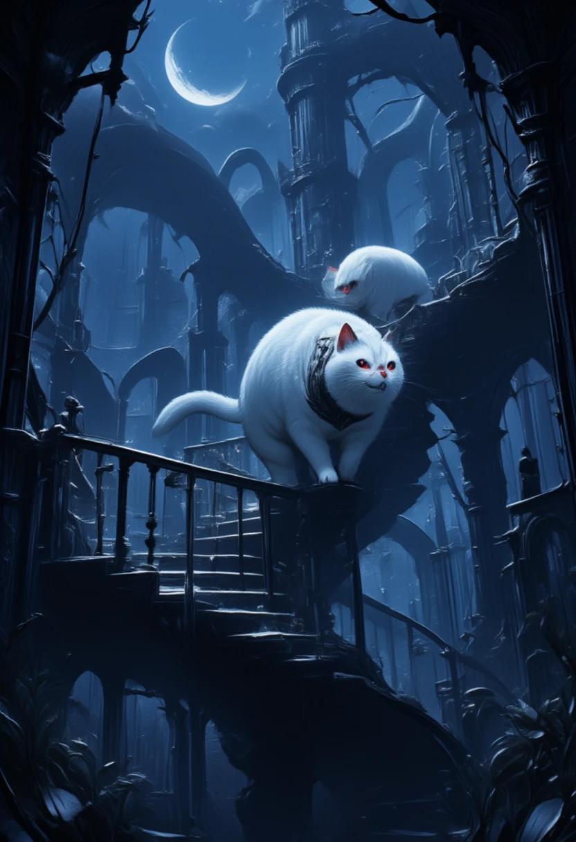 score_9, score_8_up, score_7, there is a fat white cat walking on spiraling black stairs, of a  medieval tower,  the cat has red glowing eyes, it is night time, there is a crescent moon and stars highres, best quality, high details, 16K, ultra detailed, masterpiece, best quality, (extremely detailed), hyp3rd3tail style, ral-ertmsphr