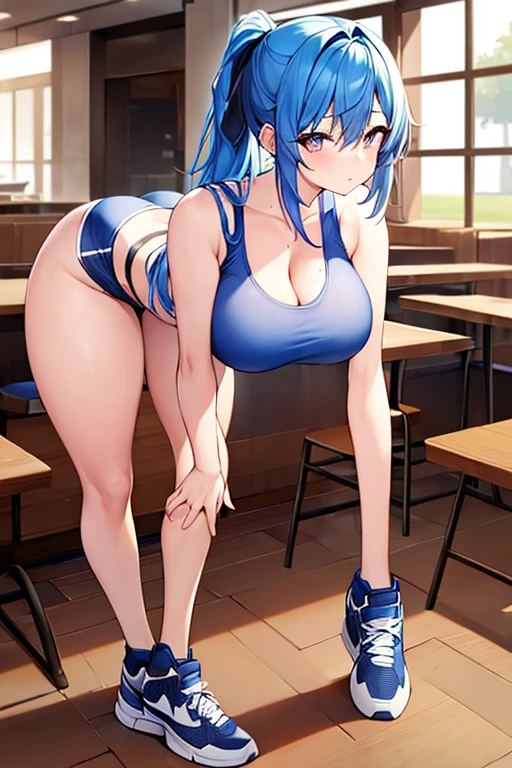 ((highest quality)), ((masterpiece)), (be familiar with), perfect face、Two dimensions、White school swimsuit、big breasts、Thick thighs、pink hair、school classroom、Erotic、twin tails、lonely look、8k
