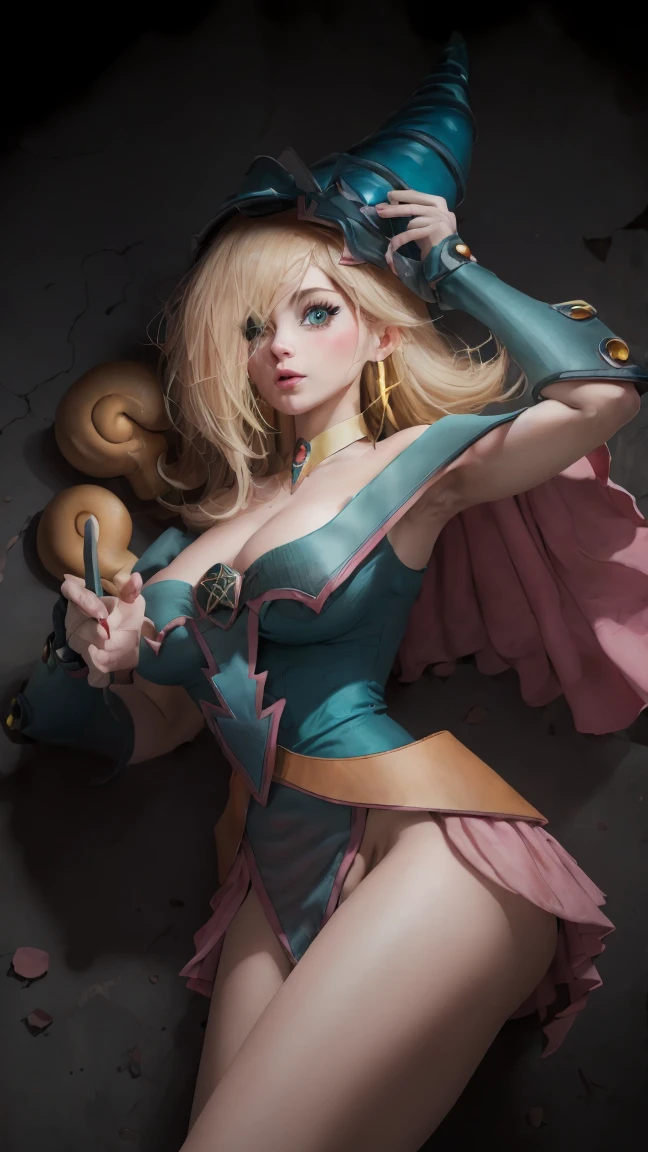 (masterpiece:1.2), (The best quality:1.2), perfect lighting, Dark Magician Girl casting a spell, in his twenties, floating in the air, big tits, neckline, blue robe, big hat, from above, Sparkles, Yugioh game, magic of the heart. heart lights, romantic heart
