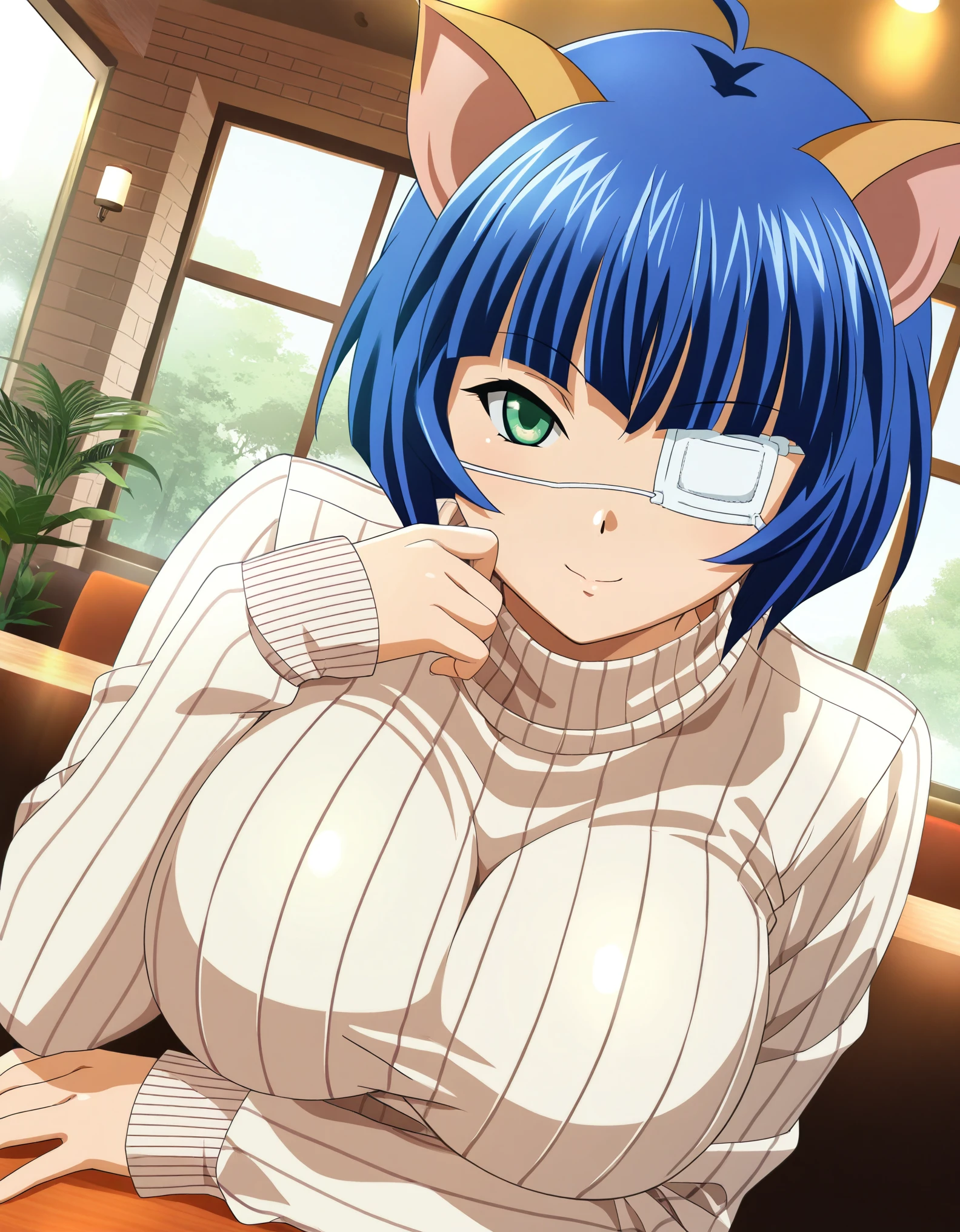 masterpiece, best quality, amazing quality,1girl,ryomou shomei\(ikkitousen\),RIN-SIN(artist),large breasts, cat girl, seductive smile, beige ribbed sweater, upper body, looking  at viewer, dutch angle, indoors, cafe, v sign