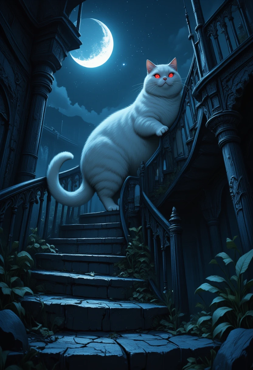 score_9, score_8_up, score_7, there is a fat white cat walking on spiraling black stairs, of a  medieval tower,  the cat has red glowing eyes, it is night time, there is a crescent moon and stars highres, best quality, high details, 16K, ultra detailed, masterpiece, best quality, (extremely detailed), hyp3rd3tail style, ral-ertmsphr