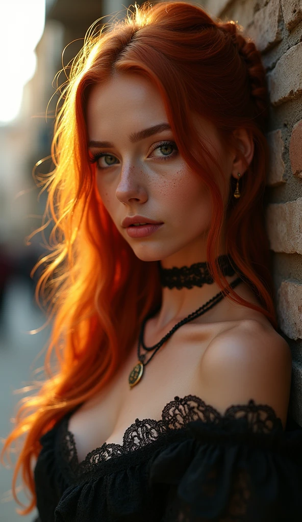 low angle photo of a gorgeous, 38 year old woman, blue eyes, milf, healthy, clean skin texture, small, big lips, little noose, sexy, wearing, red lace dress and black corset, (red long hair in ponytail), redhead, ginger hair, insanely detailed eyes, little breasts, , small perky breasts(perky breasts), perky, 2/3 body crop, 8 mm art lens, f 1. 1, sharp focus, 8 k high definition, insanely detailed, photorealistic, big shoulder, little neck, long lash, full lips, big lower lip, pink lips, firm breast, firm pushup, push up, firm chest, posing outside in the sunset