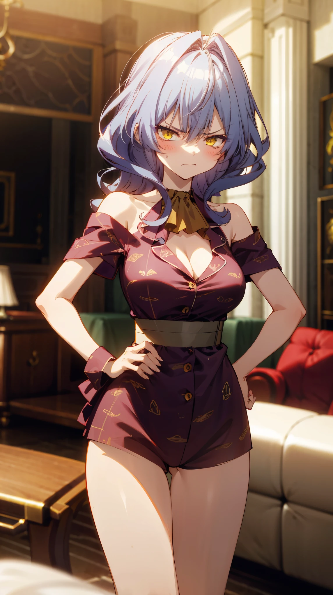 One girl with messy hair, bangs, yellow eyes, looking at viewer, solo, (glaring, blushing, angry:1.2), (indoor, house, living room, morning, daylight:1.5), (pajamas:1.5), perfect waist, bare hands, long hair, large breasts, cleavage, thigh, standing, bare shoulders, bare legs, mid-chest, medium breasts, focus, blurry background, mature female, hands on hip