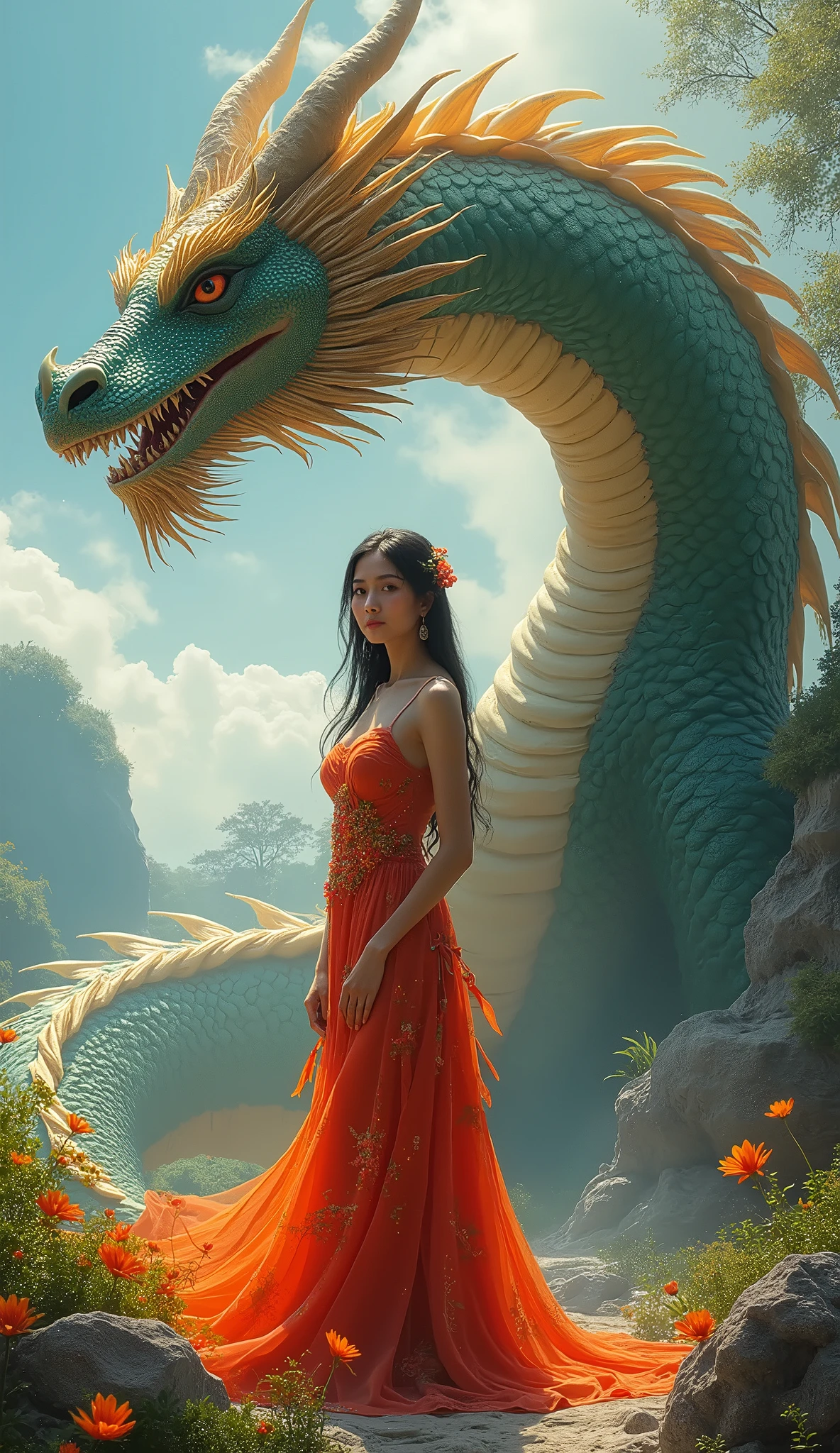 This image shows a Thai woman in a red dress standing on a swimming dragon.