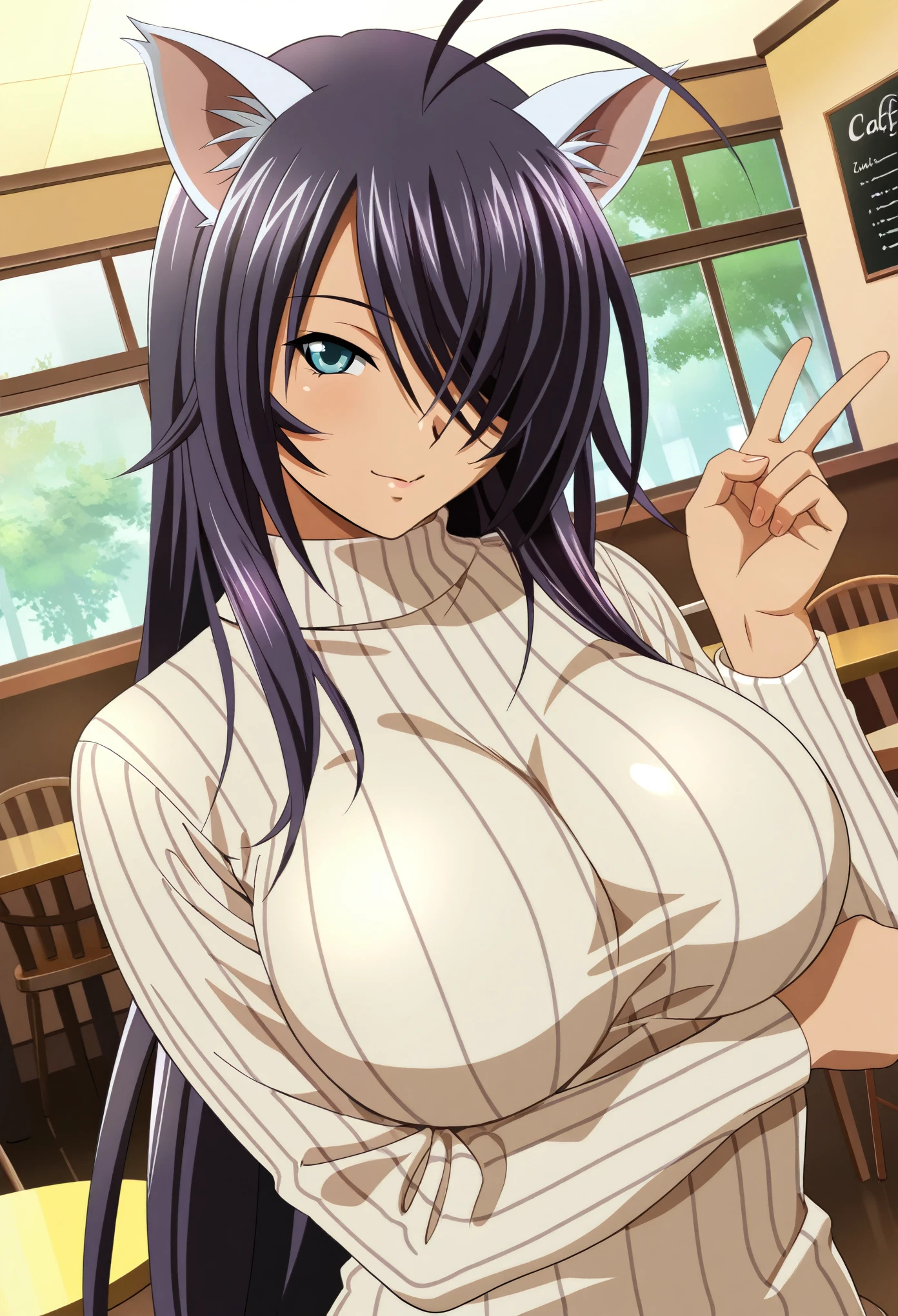 masterpiece, best quality, amazing quality,1girl,kan'u unchou\(ikkitousen\),RIN-SIN(artist),large breasts, cat girl, seductive smile, beige ribbed sweater, upper body, looking  at viewer, dutch angle, indoors, cafe, v sign