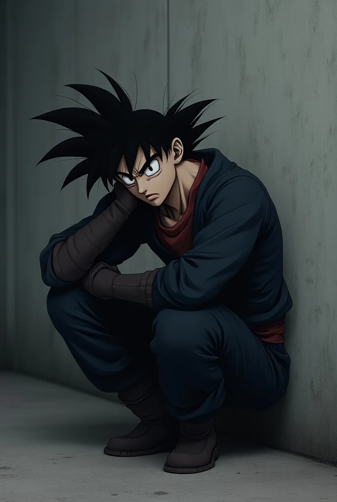 Goku, young adult, tousled black hair, dull gray eyes without shine, broken and ripped demonic high school outfit, wearing a torn black and red school uniform, Ripped black pants, weak and dull aura, background of a desolate and dark landscape, dramatic anime style. facial expression: Deep sadness, with dark circles and an empty gaze, as if he had lost his loved ones and his purpose.