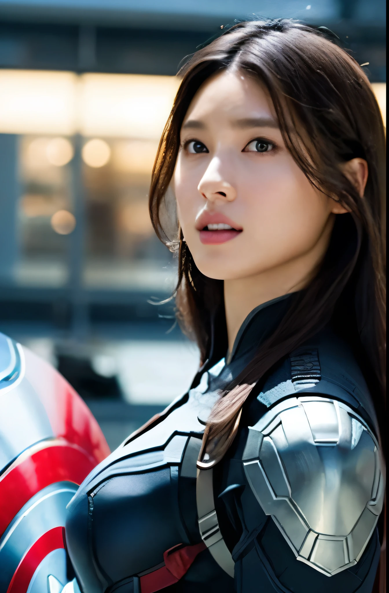 masterpiece,  1 girl, Beautiful woman、Marvel's Captain America , Delicate and delicate features,  American Dream ,  holding a round shield ,   futuristic New York background ,  Sci-fi ,  brown,  big breasts at the temple,  superheroine , heroic, Perfectly Proportioned,   photo volume release ,  super real , masterpiece, 8k, Large format camera , マーベルのキャプテン・アメリカ役のBeautiful womanの110mmレンズ , Dynamic lighting, her horizontal low angle ,  Details that faithfully reproduce the detailed Captain America costume, You can clearly see her whole body ,  Overall bright portrait ,  Bright, soft lighting in sunlight , Anatomically correct , 