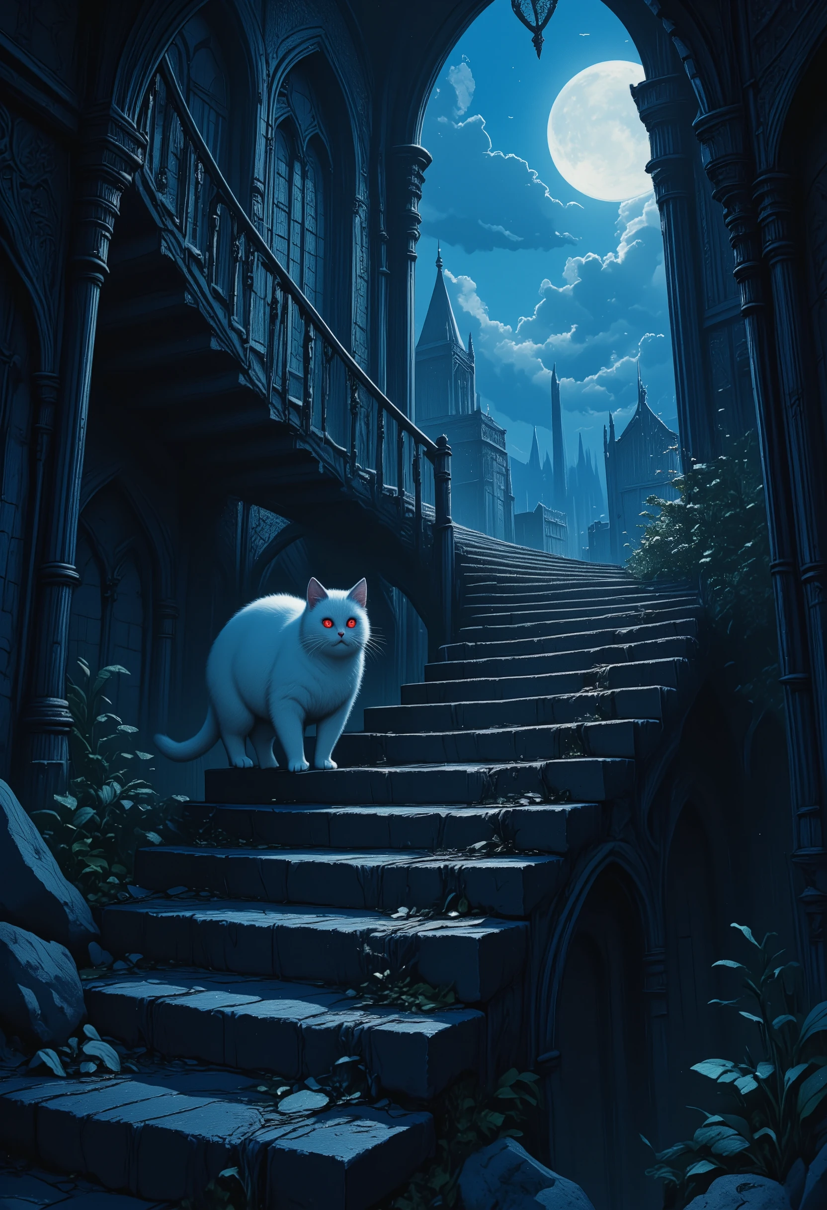 score_9, score_8_up, score_7, there is a fat white cat walking on spiraling black stairs, of a  medieval tower,  the cat has red glowing eyes, it is night time, there is a crescent moon and stars highres, best quality, high details, 16K, ultra detailed, masterpiece, best quality, (extremely detailed), hyp3rd3tail style, ral-ertmsphr