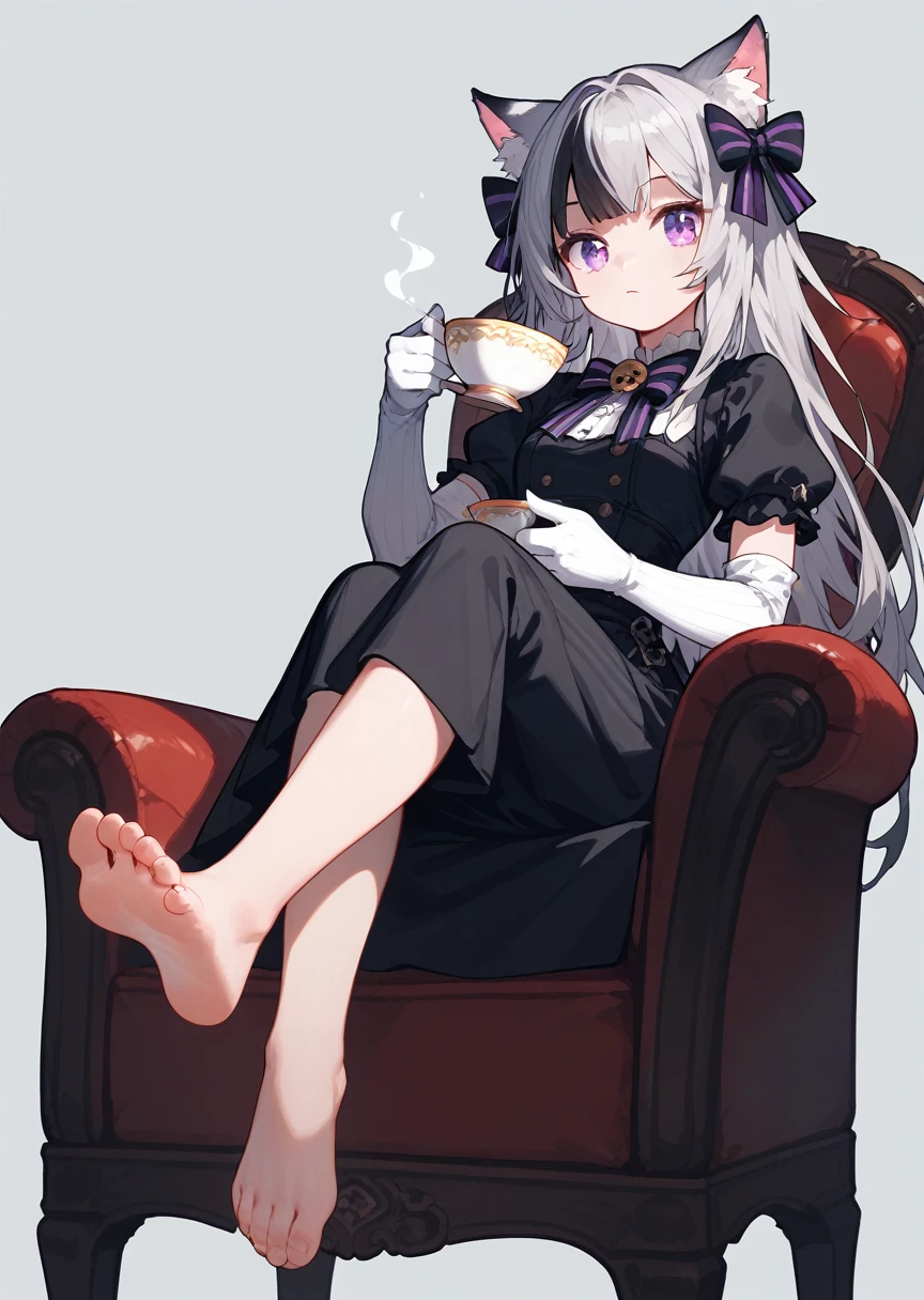  score_9, score_8_up, score_7_up,ncaoo33, 1 girl,feet focus,feet,裸feet,Toes,far and near method,Alone,cat ears, sitting,cup,teacup, purple eyes,Gloves,spread Toes,Grey Hair,Toes,holding cup,bow,Animal ear hair, striped hair,Cat Girl, simple background,chair,bangs,bare foot,Look at viewers,Multi-colored hair, black dress, side lock,foot,Sparkling,bowtie, gray background, elbow gloves , blue background,white Gloves,hair bow, long sleeve,two feet,