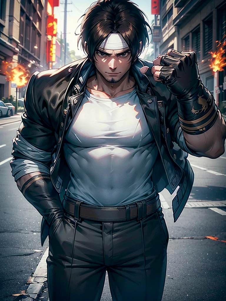 30-year-old man, alone, alone, athletic, muscular, dark hair, white band on forehead, white t-shirt, open black jacket, black pants, thin brown belt, wears black exercise gloves that cover almost his entire forearm, gaze serious looking at viewer, fire in one hand, cinematic, ultra sharp focus, award winning photography, perfect contrast, high sharpness, depth of field, ultra detailed photography, global illumination, fluid, ultra high definition, 8k, Unreal Engine 5, ultra sharp focus, award-winning photography, art season trends,
