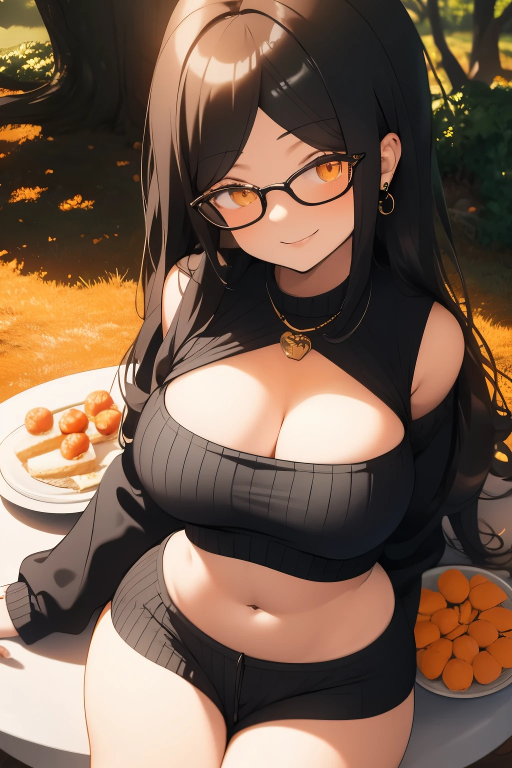 very attractive female, orange long hair,orange eyes,shy bashful smile,sexy curvy body, medium large breasts,black sweater with side boob, mini shorts, glasses,picnic,food basket,plate on picnic, a black cube box with a ring inside, fall background.