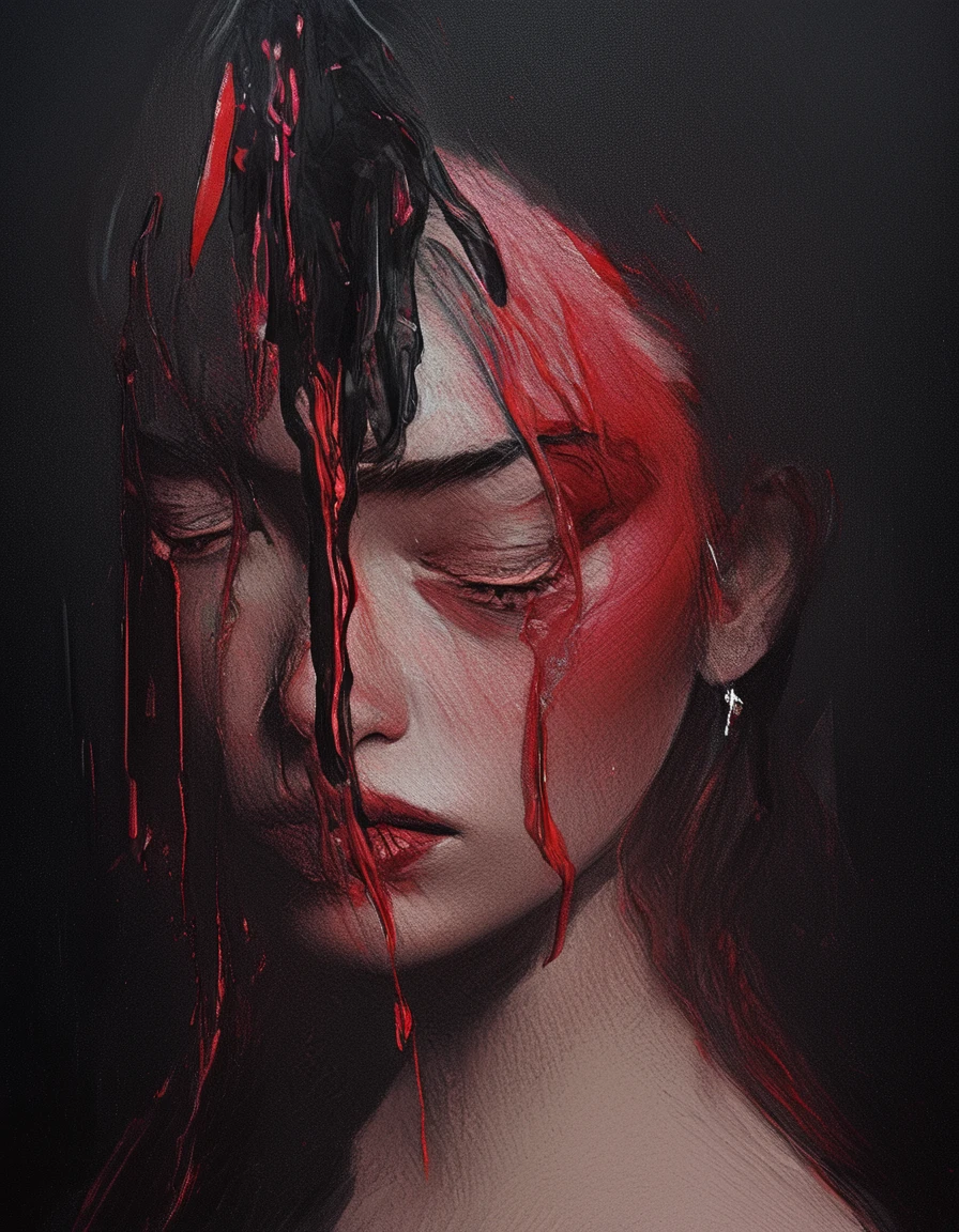 black andwhite,Absolutely beautiful woman,Bust,Broken mirror,Black and white splitting,Red tears,Black and white painting,Broken,sublevel,Black and white,Eroded by darkness and light,对称