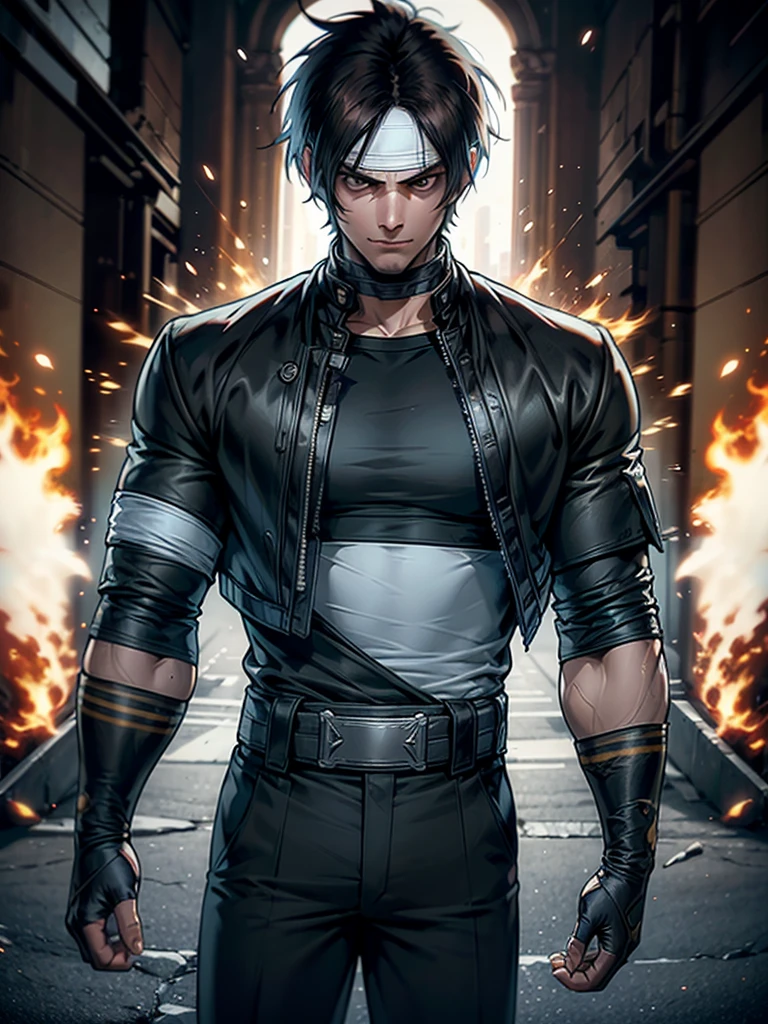 30-year-old man, alone, alone, athletic, muscular, dark hair, white band on forehead, white t-shirt, open black jacket, black pants, thin brown belt, wears black exercise gloves that cover almost his entire forearm, gaze serious looking at viewer, fire in one hand, cinematic, ultra sharp focus, award winning photography, perfect contrast, high sharpness, depth of field, ultra detailed photography, global illumination, fluid, ultra high definition, 8k, Unreal Engine 5, ultra sharp focus, award-winning photography, art season trends,
