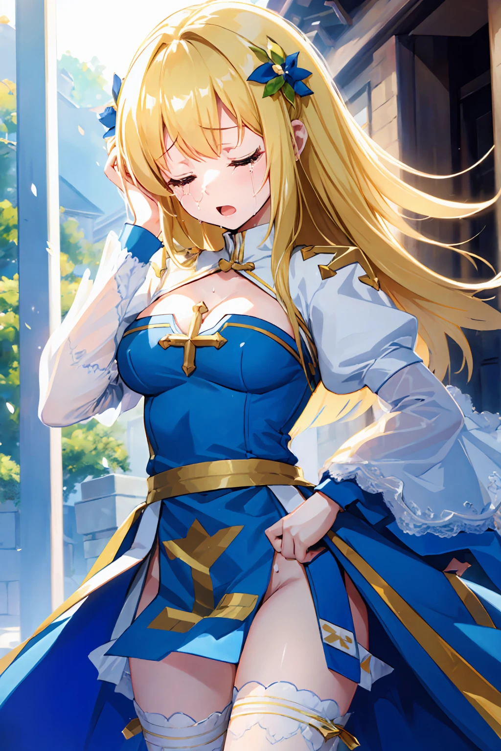 eyes closed, eyes closed, arm at side, hand on own head, Texture CG,((Ultra-detailed art)),(( Masterpiece)),( highly detailed CG),  shiny 服:1.3, eyes closed, eyes closed, Honey blonde hair,  lean forward, Crying,  is crying,  open your mouth , 頬を伝うtears, Look to the side, Troubled face, cry, Crying, Troubled face, Front lighting, One person, One personで,  1 girl,Alone,Ragnaroark,(nsfw:1.1),( Standing Pose with Open Legs ), Beautiful breasts, slender body, Thin legs, clavicle,  Slim Waist , big breasts at the temple, Small Ass,puffy nipples, ( cowboy shot:1.0),Heart Pretension , Extremely Thin Frontal Extension ,Narrow front,(((White puff sleeves))),,  latex clothing, White thighs, Gold Belt,  White Blue Dress from Neck to Chest ,  Blue Long Skirt with Slits,Above-the-knee pelvic curtain,Blue Wide Sleeve, Blue Dress Blue Dress with Blue Dress Narrow Front , Long Hair, Honey blondeの髪, 室outside, outside, sunny, In summer, garden,  hands on head ,  is crying:2,tears:2,  hands on head :2, big breasts at the temple,Empty-handed, is standing,  sweated:2,One personの女の子:2, tears:1.5,  open your mouth:2,  shiny :2, sunlight:2, Sexy Poses:2, cowboy shot:2, Screaming, watery eyes, cry, Royal Blue Clothing, Front lighting, head tilt, head tilt,  lean forward, Open Hand