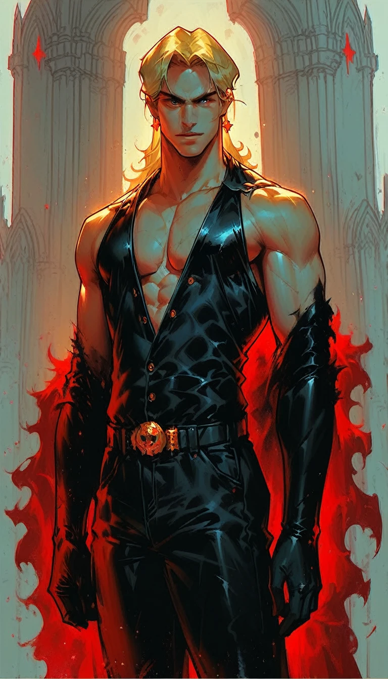Male with red long detailed hair, shirtless, dragon black eyes, evil incarnation, handsome, having dragon tattoo on arm, wearing casual clothes, horns, red skin, (((from below))), bare feet