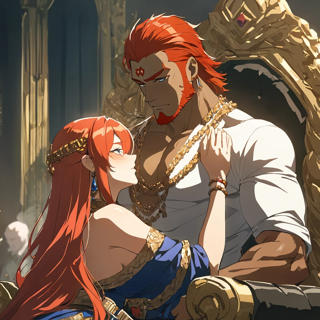 ((Highest quality)), ((masterpiece)), (detailed), (Perfect Face)、The woman is Queen Zelda of the Gerudo tribe, blonde with blue eyes and naked.、The man is a dignified, middle-aged man of the Gerudo tribe, with a beard, muscular red hair and dark skin, King Ganondorf, the king of the Gerudo tribe, and is naked.、A man and woman are embracing and kissing on the luxurious throne of the Gerudo royal family.、A queen and a king in love