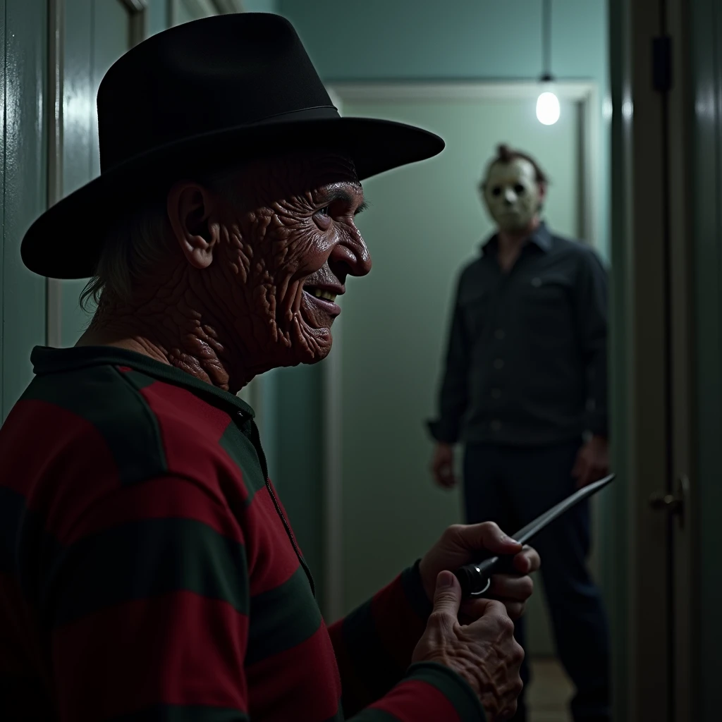 Realistic image of Freddy Krueger, listening to an old radio ,On the walls there are writings in(( Spanish)) they say ((the paranormal night)) in red  ((Henry 2.0))