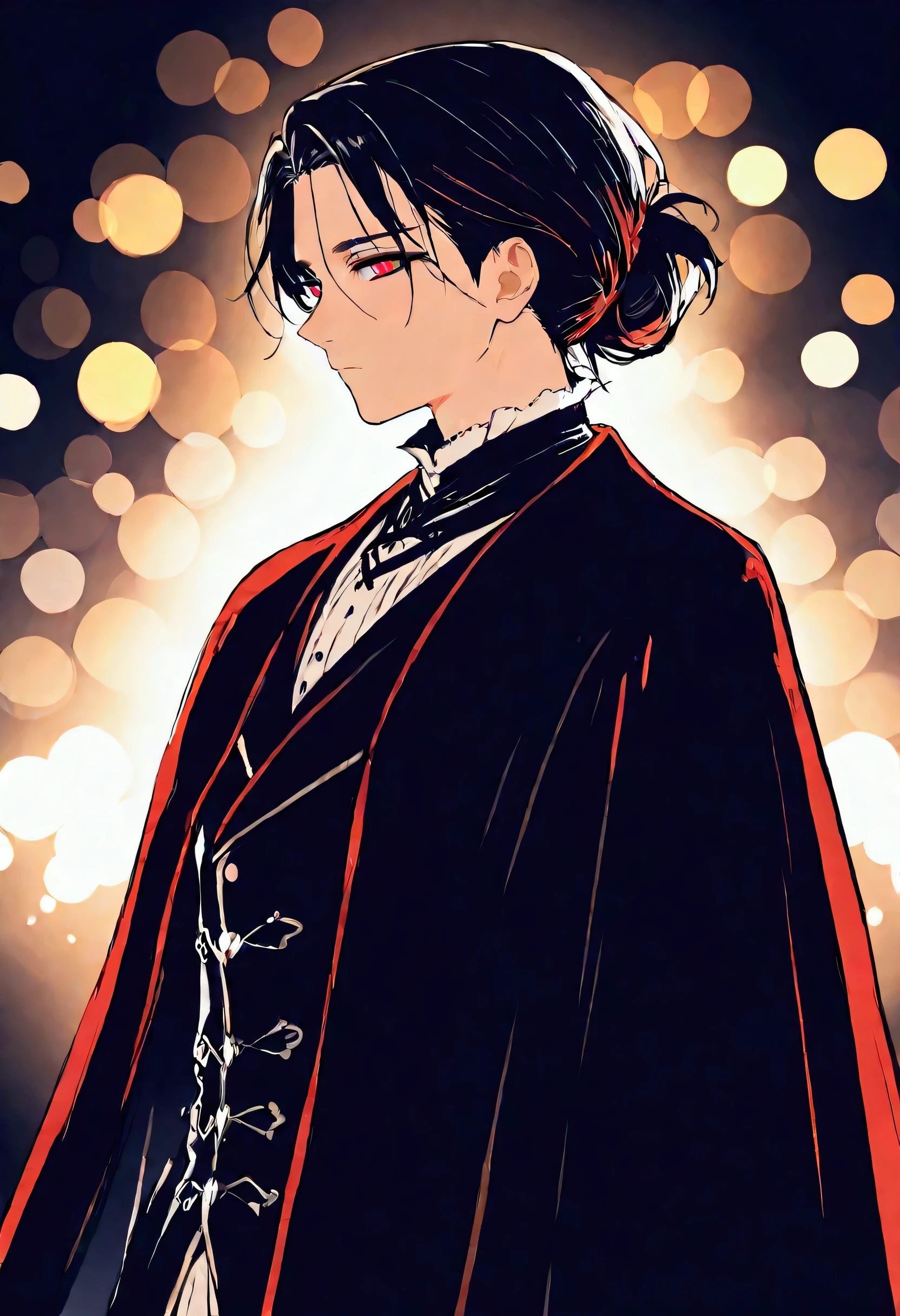 ultra detailed illustration in anime style of a man with red sharp eyes, Apricot skin, a medieval black winter aristocratic clothes, a winter background, a deep dark color hair, short cut hairstyle, lens flare, depth of field, bokeh effect, backlit, stylish, elegant, breathtaking, visually rich, flat lights, flat colors, cel shading, art by best anime studios, 32k resolution, best quality, ink lines, a mature body, the Middle Ages, noble, a middle-aged man