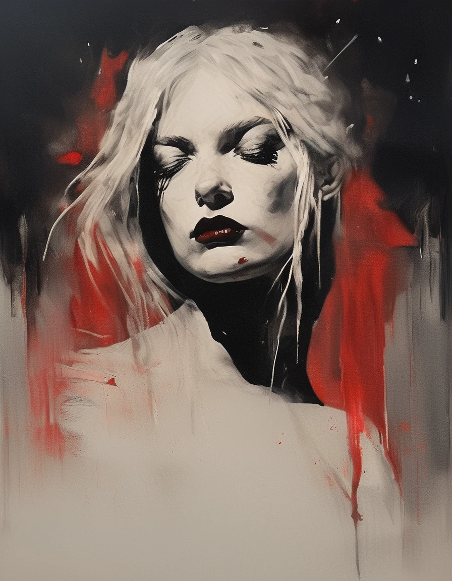 painting of close up portrait of bridgitte bardot fleshy  mouth bright red bloody lips, piercing eyes wide open staring directly at camera, dripping lipstick plump lips , (surreal deep black  background:1.2) of parallax space between distorted waves and line drawings , separation of colors,   in the style of nicola samori, messy blonde bangs
