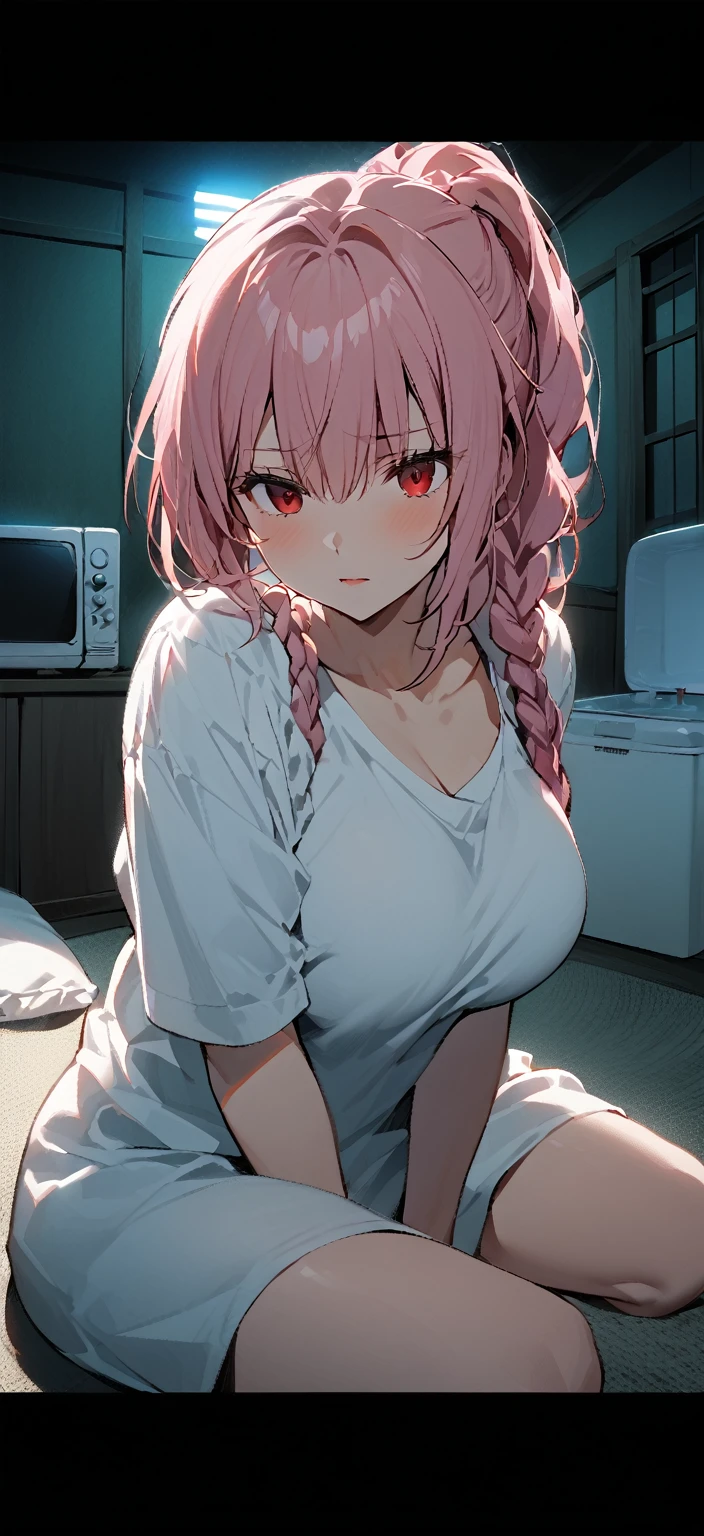  one woman, pink hair,Red eyes, ponytail, The hair on the back is a braid,Circle of braids 、Big Breasts,Thighs、 I'm wearing a white t-shirt, slightly away ,  sitting,background,night, prison window 、The floor is folded 、I have a white futon 、 has a TV 、 small refrigerator 、Dark Room