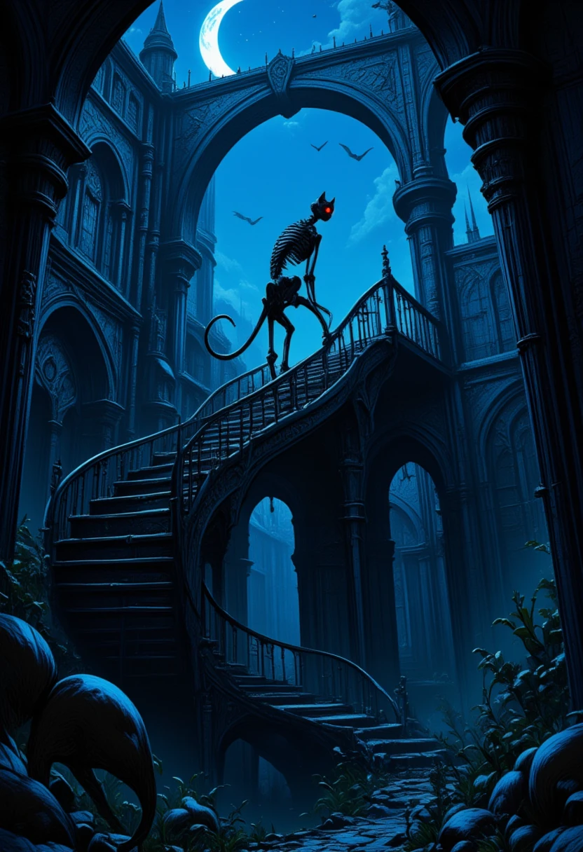 score_9, score_8_up, score_7, there is a skeleton of cat walking on spiraling black stairs, of a  medieval tower,  the cat has red glowing eyes, it is night time, there is a crescent moon and stars highres, best quality, high details, 16K, ultra detailed, masterpiece, best quality, (extremely detailed), hyp3rd3tail style, ral-ertmsphr