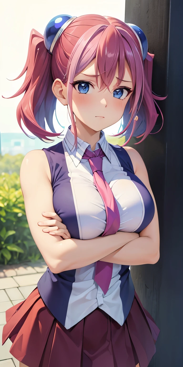 1 Female,High definition,high resolution,Ultra-realistic,8K, hy1, hair ornament, multicolored hair, blue eyes,necktie,pink skirt,tight skirt, miniskirt ,sleeveless, jewelry, large breasts,European,sexy,Upper body close-up,Photographed from the front,Dynamic Angles,(blush), (medium tits) ,(crossed arms)