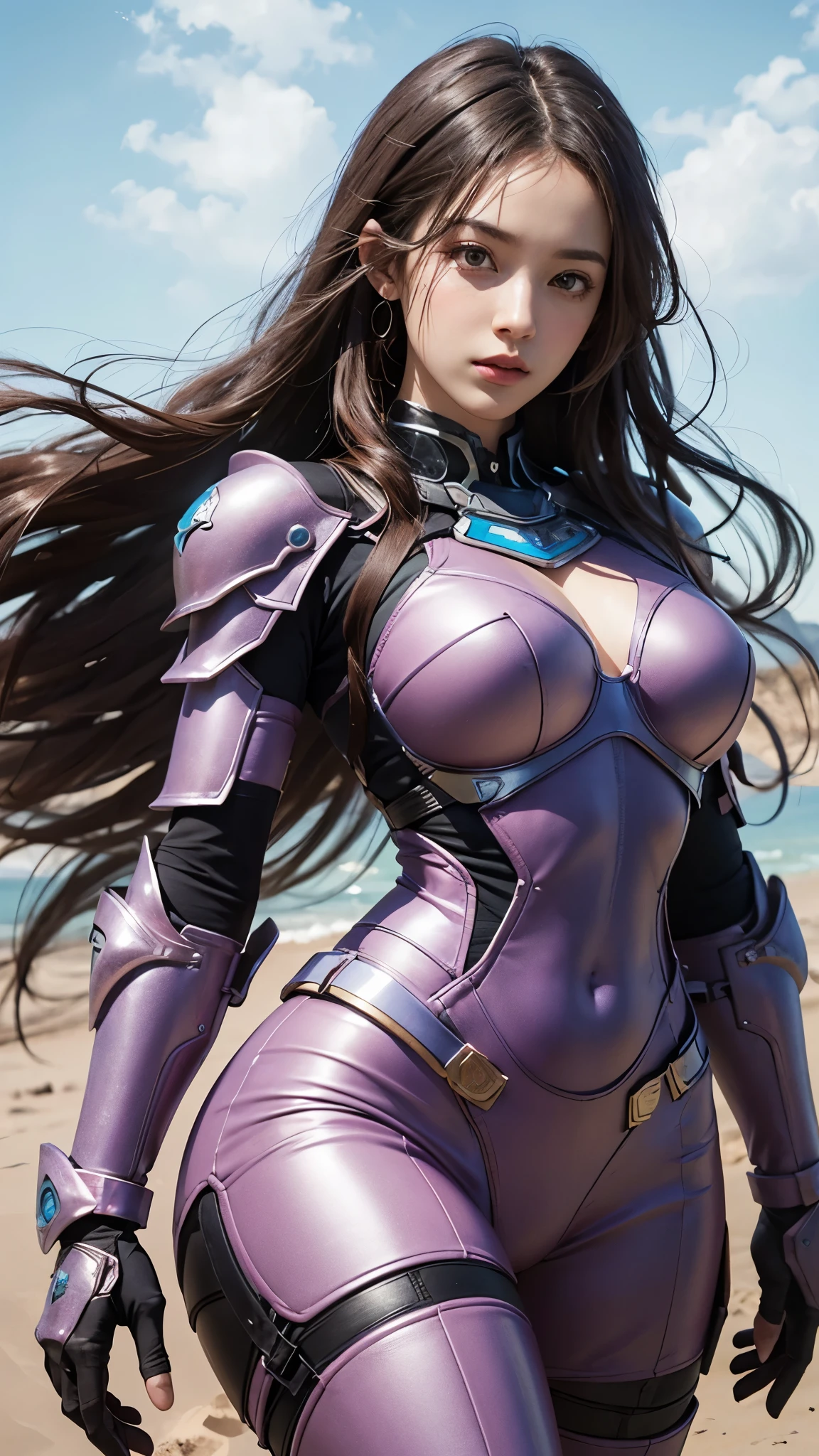 Tall cute idol knight girl、whole body、Good style、、、、、、、、、、Tanned thick legs、、Silver and purple scale armor suit（Shark relief、Passionate Mantle）、、Neat and clean idol face、Wet light wavy hair、Ocean