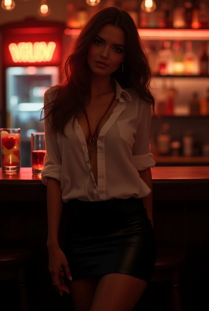((night, dark background)), ((A very cute woman gets naked in a nightclub)) ((at the bar)) cocktails, neon, drunk, ((wearing a white open silk shirt: 1.5.)). 4k, photography, masterpiece, best quality, dark gray background, ((1girl blue eyes and beautiful light red hair)) (realistic and beautiful face). A beautiful white woman with big ass, soft medium breasts and white skin, varied poses. ((Medium breasts:1.3)),((Very soft breasts)), Detailed eyes. in a bar. (touching yourself). (bare:1.4), (open button shirt), (transparent:1.3) (sfw), (no panties), (side), legs crossed, back side
