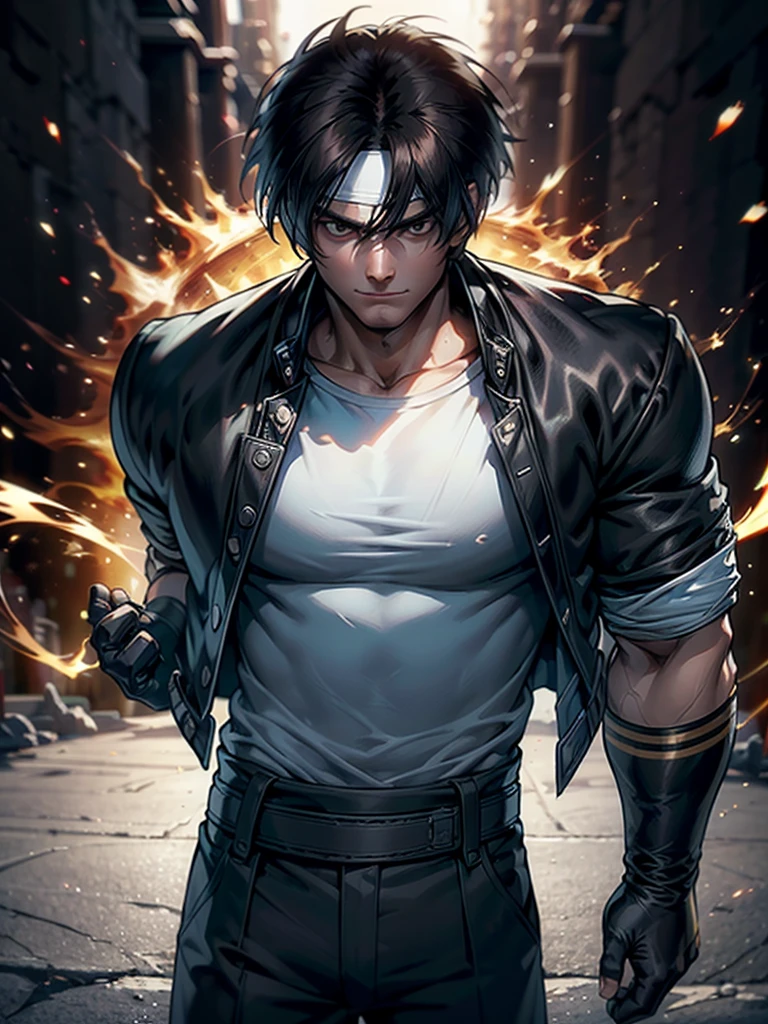 30-year-old man, alone, alone, athletic, muscular, dark hair, white band on forehead, white t-shirt, open black jacket, black pants, thin brown belt, wears black exercise gloves that cover almost his entire forearm, gaze serious looking at viewer, fire in one hand, cinematic, ultra sharp focus, award winning photography, perfect contrast, high sharpness, depth of field, ultra detailed photography, global illumination, fluid, ultra high definition, 8k, Unreal Engine 5, ultra sharp focus, award-winning photography, art season trends,
