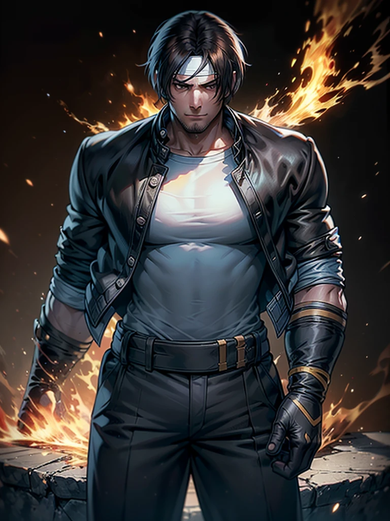 30-year-old man, alone, alone, athletic, muscular, dark hair, white band on forehead, white t-shirt, open black jacket, black pants, thin brown belt, wears black exercise gloves that cover almost his entire forearm, gaze serious looking at viewer, fire in one hand, cinematic, ultra sharp focus, award winning photography, perfect contrast, high sharpness, depth of field, ultra detailed photography, global illumination, fluid, ultra high definition, 8k, Unreal Engine 5, ultra sharp focus, award-winning photography, art season trends,
