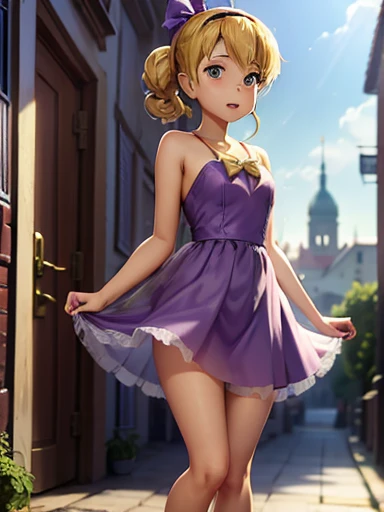  A , Cute girl in purple dress and gold sneakers, with headband and two bows , 