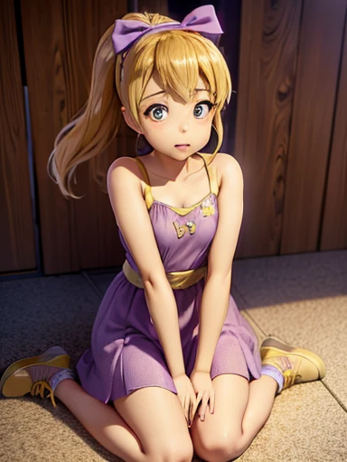  A , Cute girl in purple dress and gold sneakers, with headband and two bows , 