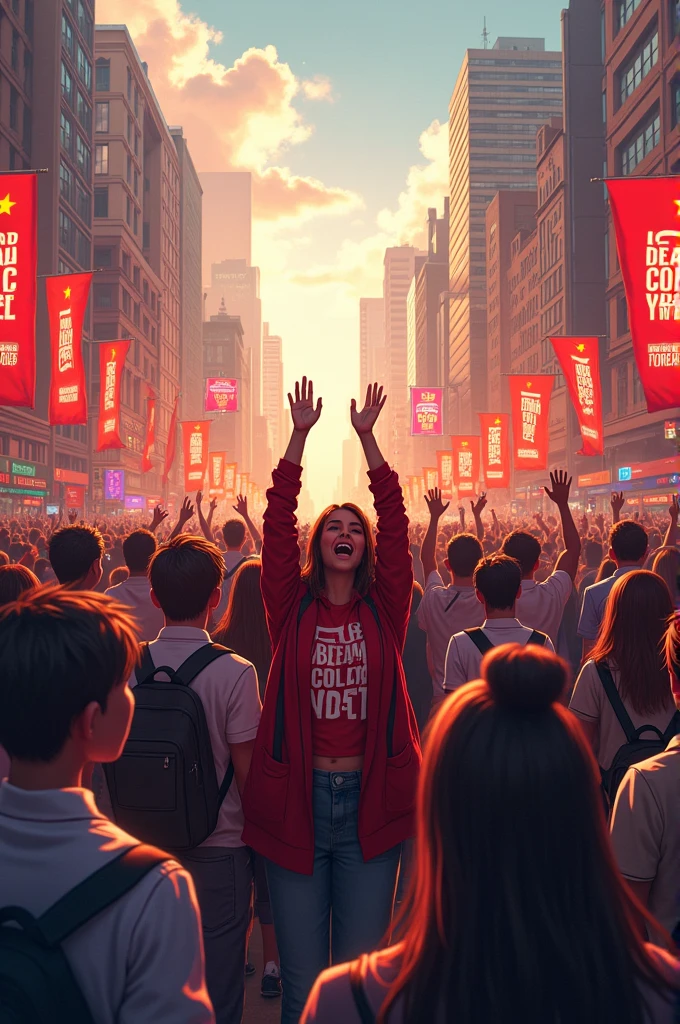 (one poster), May Day, superb, ultra-detailed, illustration, youth, happy expression, celebration, crowd, audience, cheering, relaxing, carrying a computer bag, between tall buildings, wide-angle shot, overhead shot, distance, (away from camera), full body, city